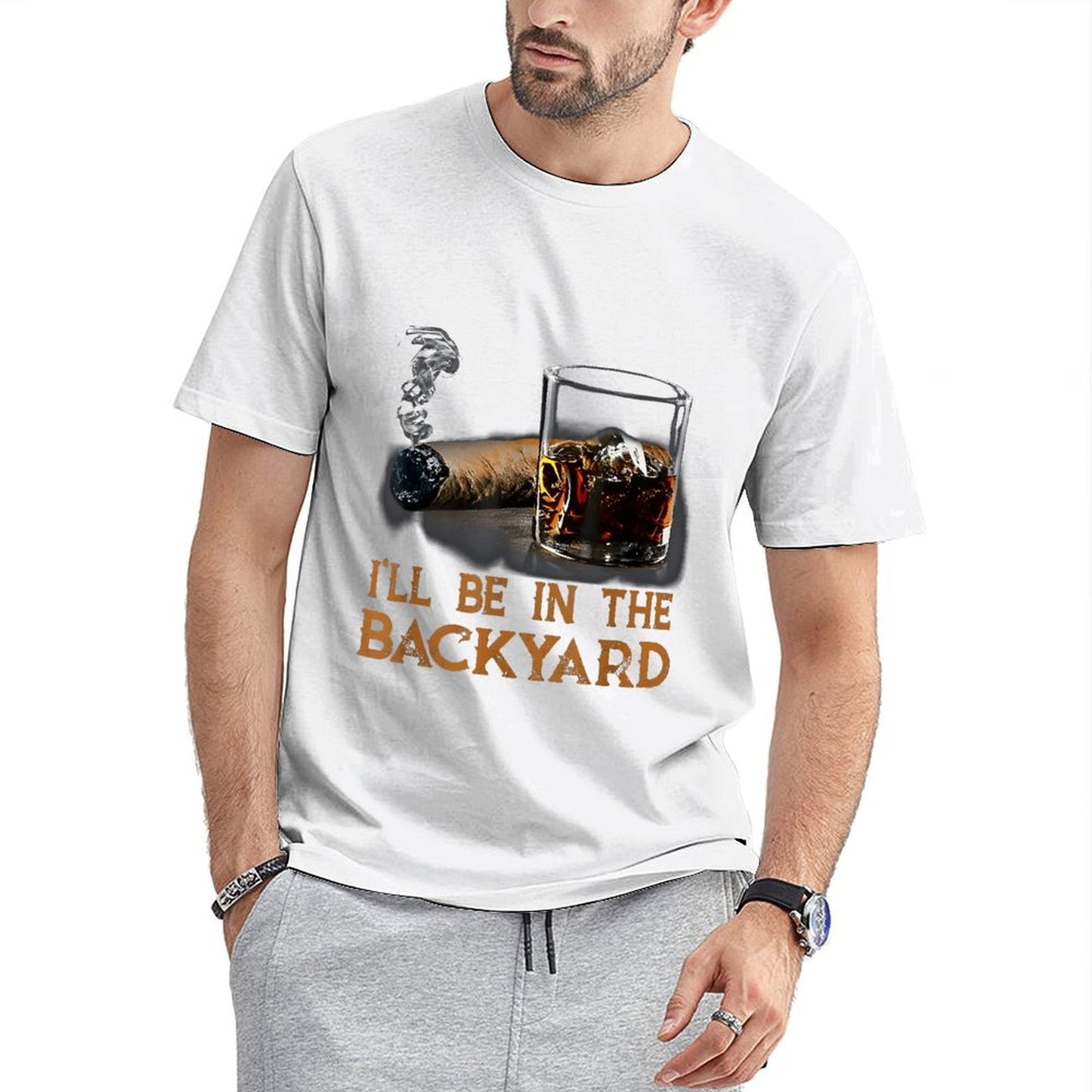Inkmay Casual Cotton T-shirt Cigar And Whiskey Glass Displayed Unisex T-shirtDouble-Stitched Colorfast T-Shirt