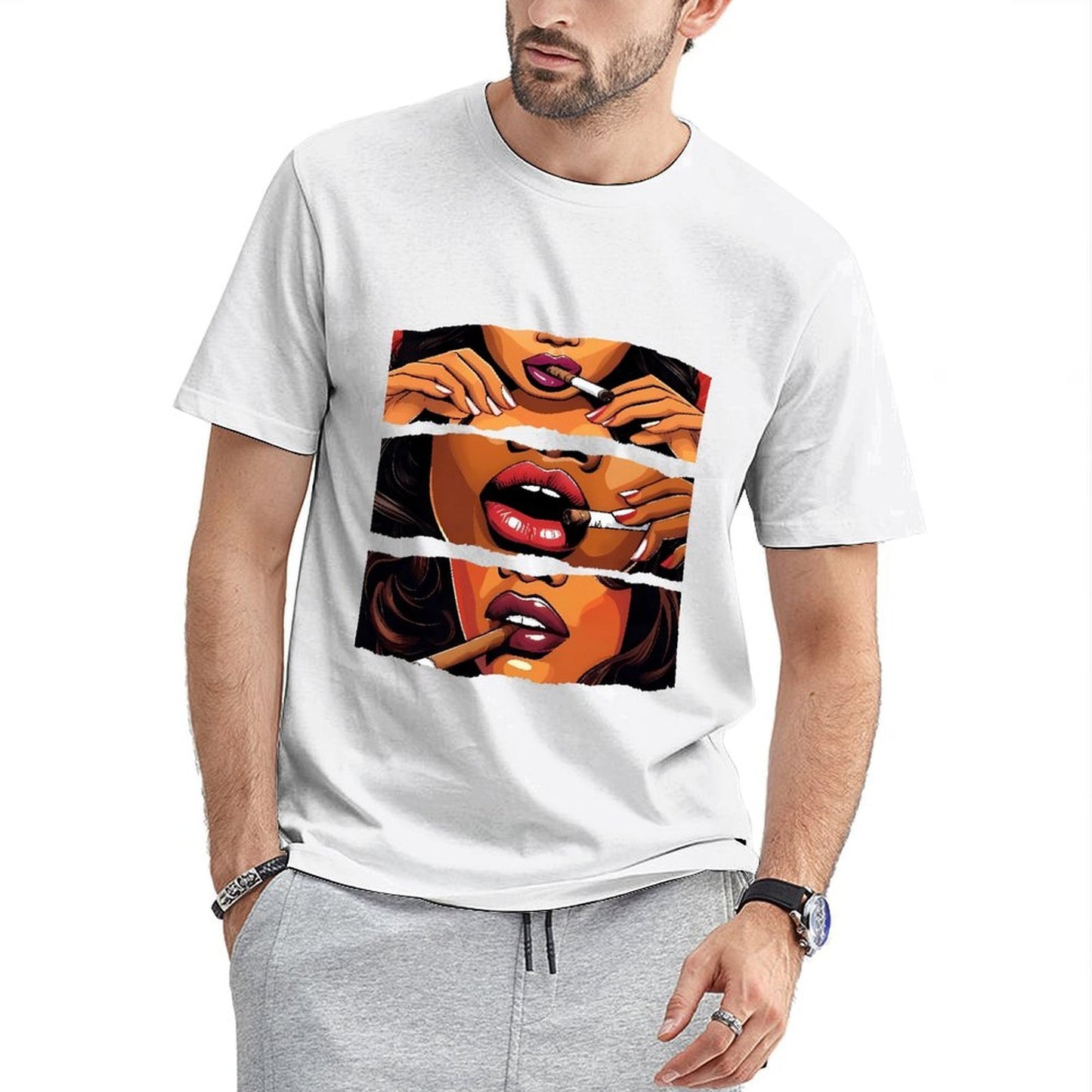 Inkmay Casual Cotton T-shirt Smoking Woman Artistic Pattern Prints Design Unisex T-shirtRecycled Natural T-Shirt