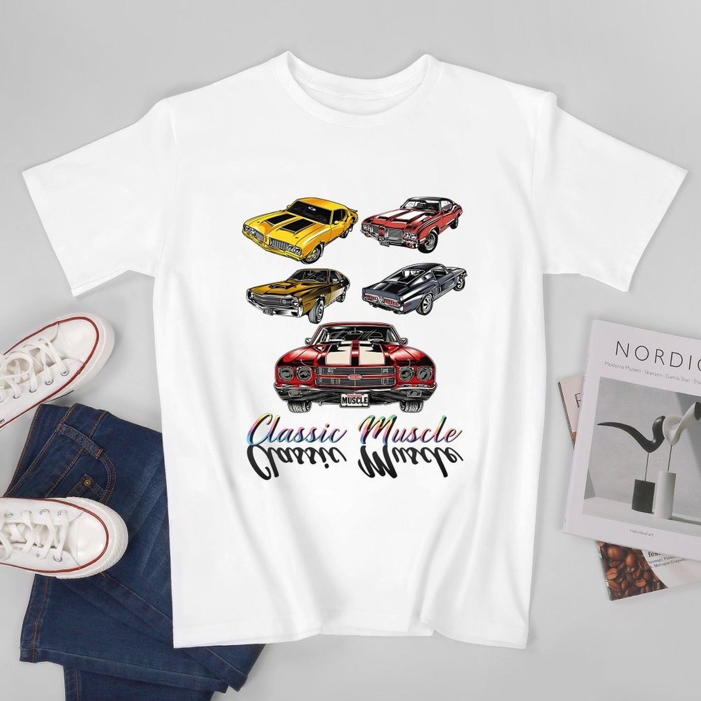 Inkmay Casual Cotton T-shirt Classic Muscle Cars Pattern Prints Design Unisex T-shirtActiveWear Wrinkle-Free T-Shirt