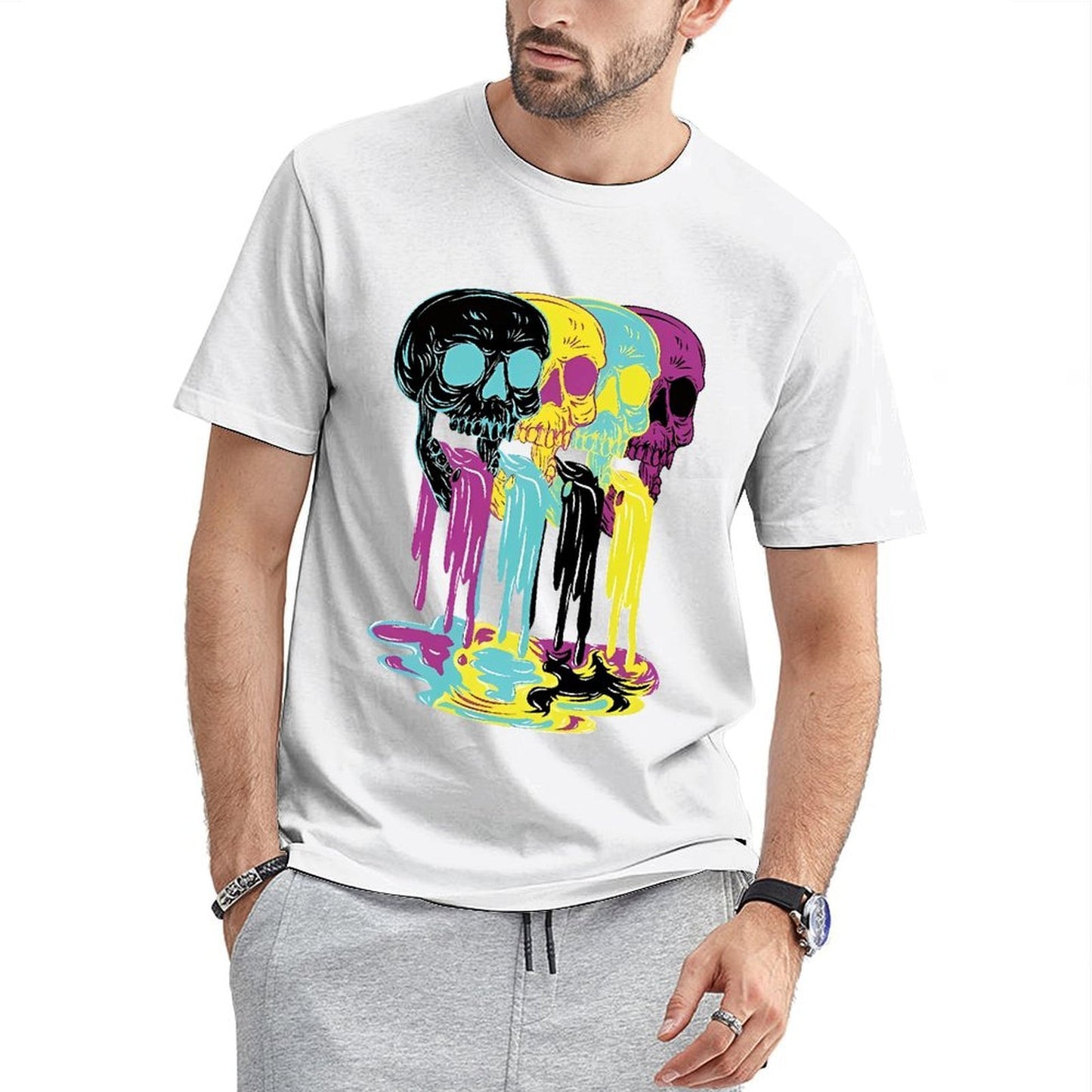 Inkmay Casual Cotton T-shirt Colorful Skulls With Dripping Paint Effects Unisex T-shirtActiveWear ComfortFit T-Shirt