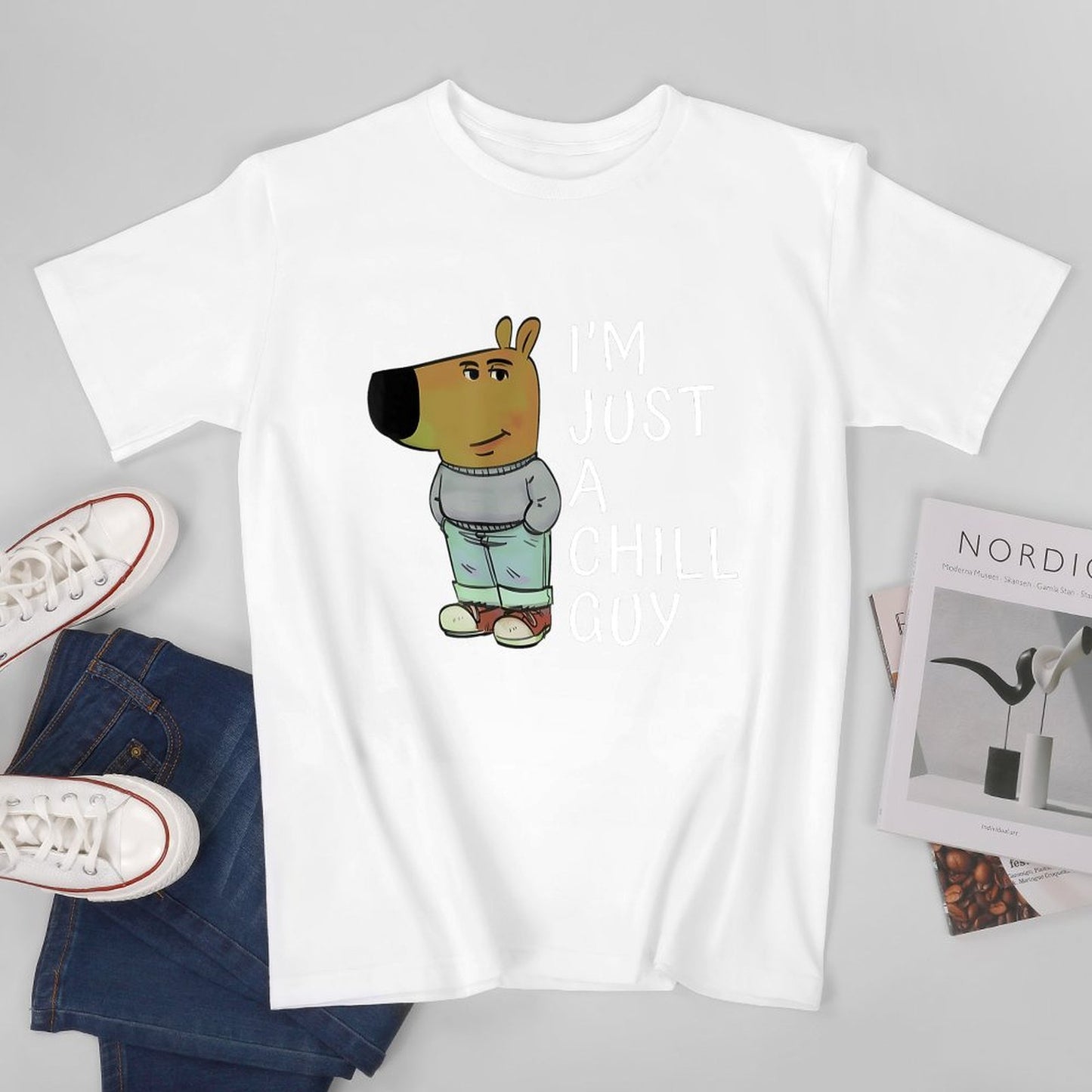 Inkmay Casual Cotton T-shirt Cartoon Character Wearing Casual Outfit Standing Unisex T-shirtFitted LooseFit T-Shirt