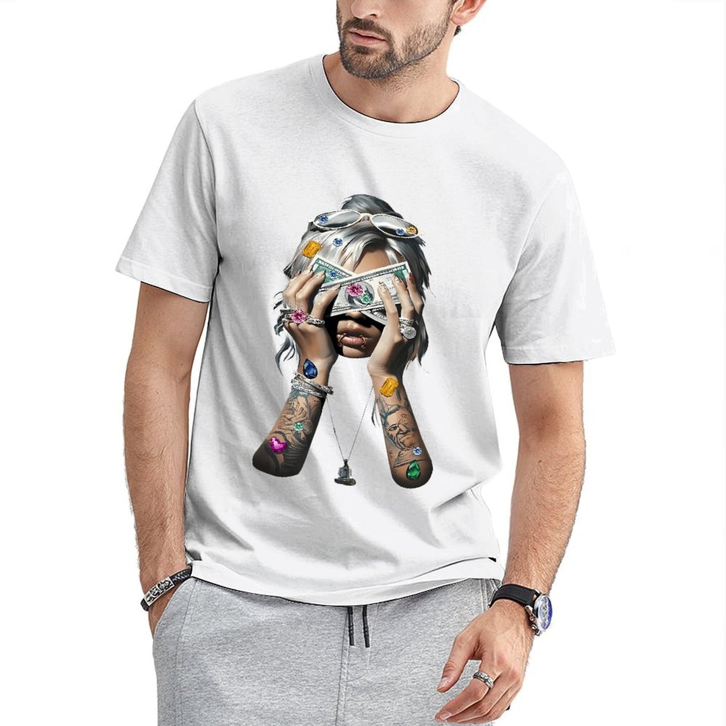 Inkmay Casual Cotton T-shirt Luxury Woman Holding Money With Gems Unisex T-shirtOriginal Chill T-Shirt