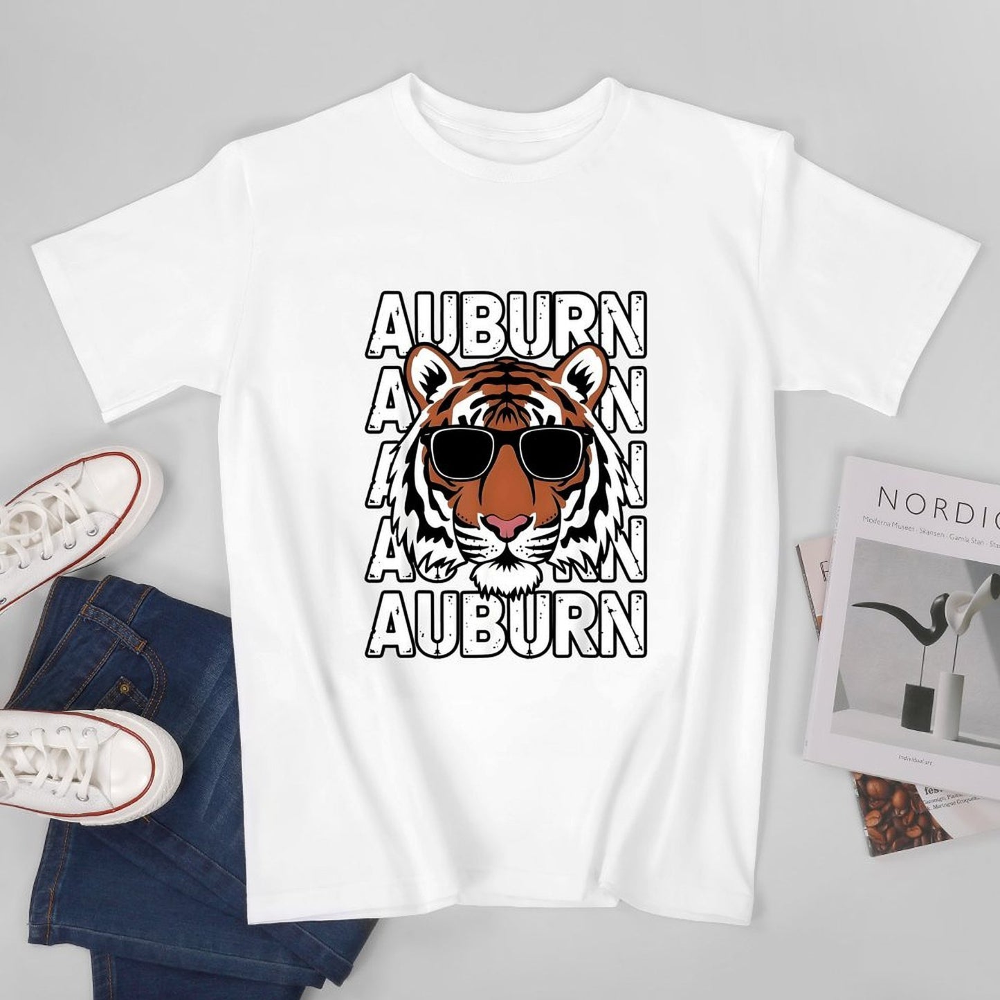 Inkmay Casual Cotton T-shirt Auburn Tiger With Sunglasses Pattern Print Unisex T-shirtSeamless ClassicSeries T-Shirt