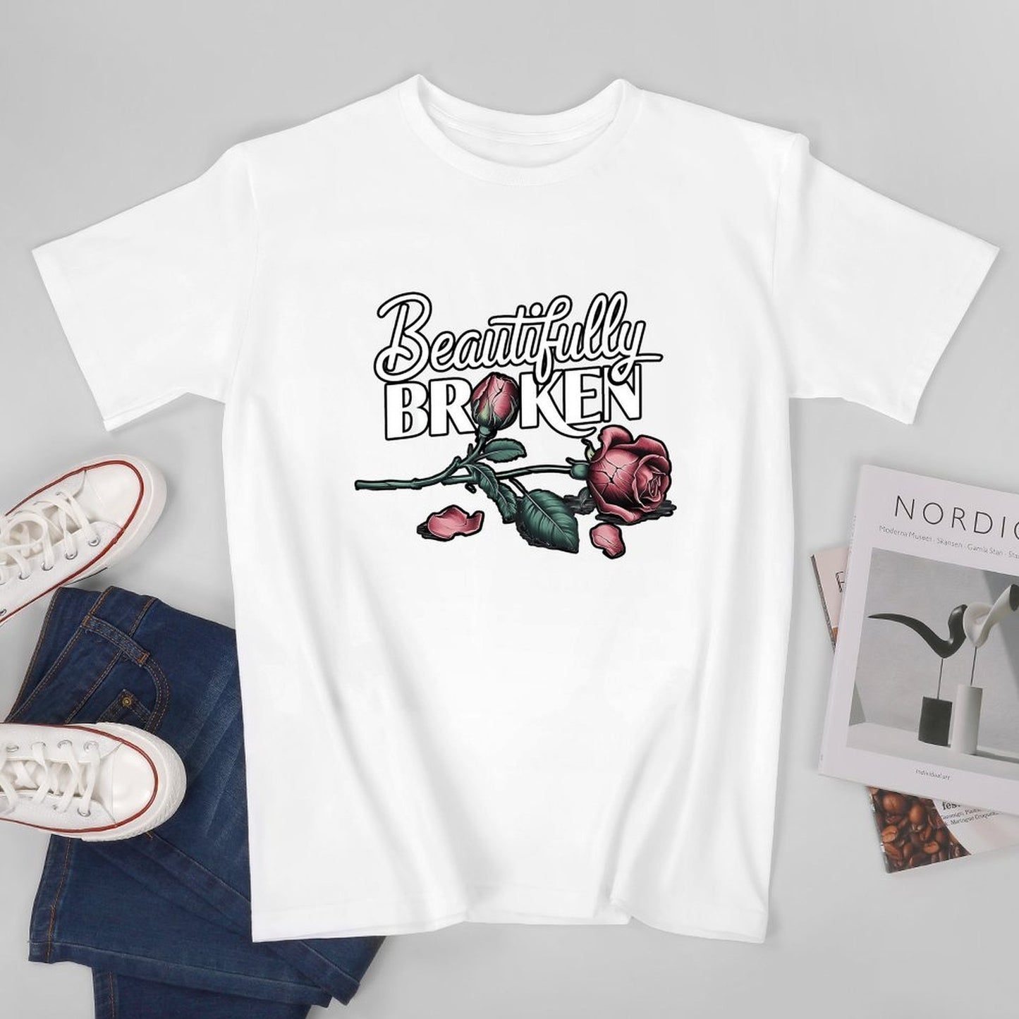 Inkmay Casual Cotton T-shirt Beautifully Broken Roses On Dark Background Unisex T-shirtClassic Fit Series T-Shirt