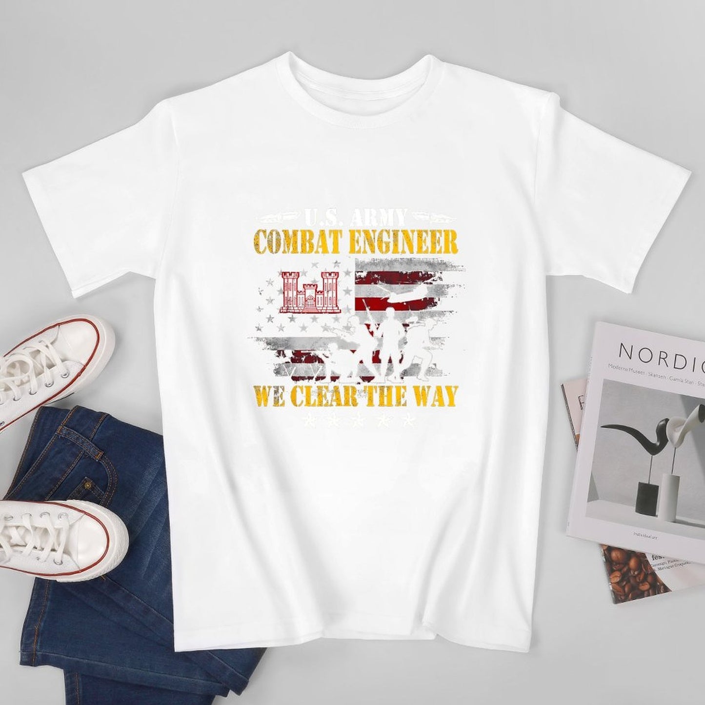 Inkmay Casual Cotton T-shirt Combat Engineer Flag Silhouette Soldier Design Unisex T-shirtClean Edges Relaxed Fit T-Shirt