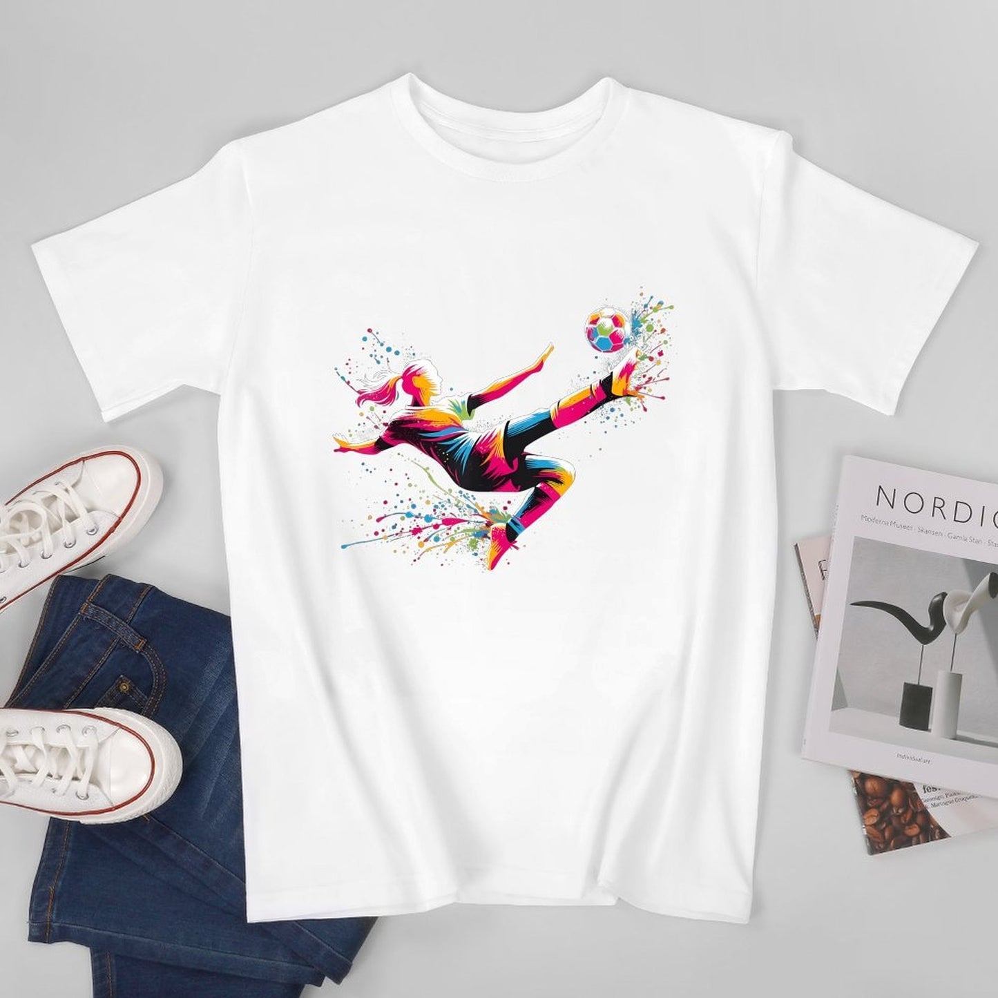 Inkmay Casual Cotton T-shirt Vibrant Soccer Player Kicking Ball Artwork Unisex T-shirt