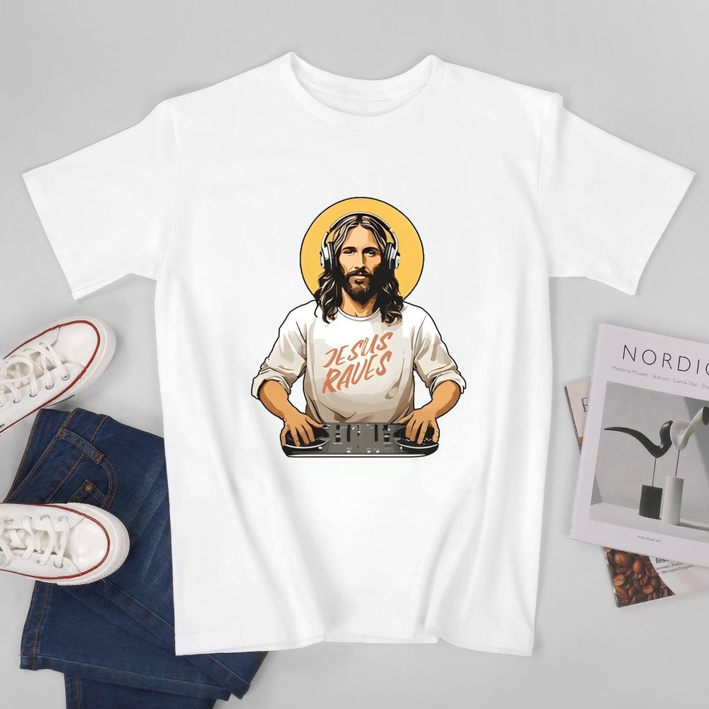 Inkmay Casual Cotton T-shirt Jesus Wears Headphones And Tshirt Unisex T-shirtSport Modern T-Shirt