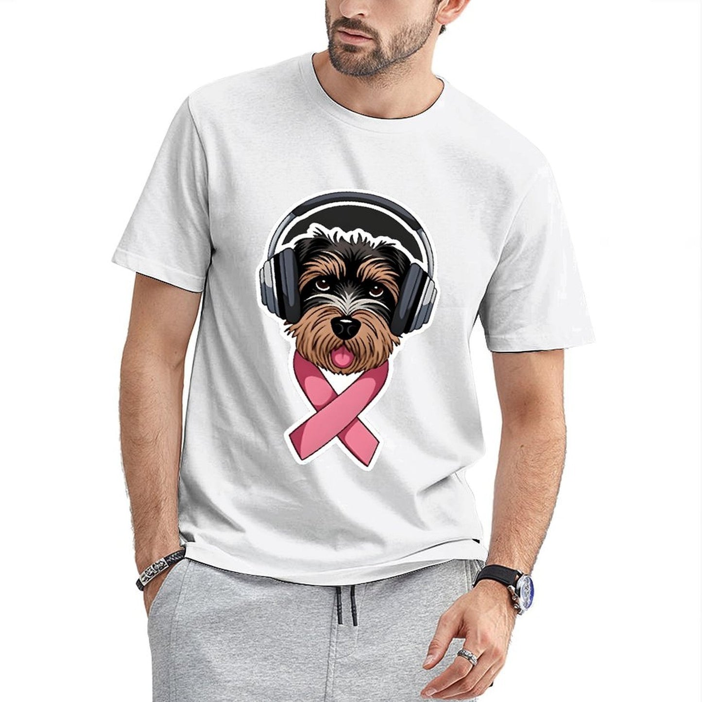 Inkmay Casual Cotton T-shirt Dog Wearing Headphones Pink Ribbon Support Unisex T-shirtClean Chill T-Shirt