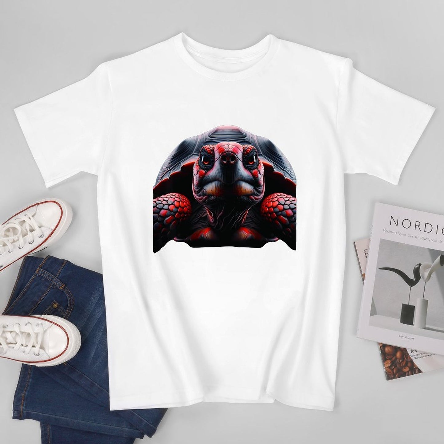 Inkmay Casual Cotton T-shirt Red And Black Turtle Pattern Art Unisex T-shirtCotton ActiveLine T-Shirt