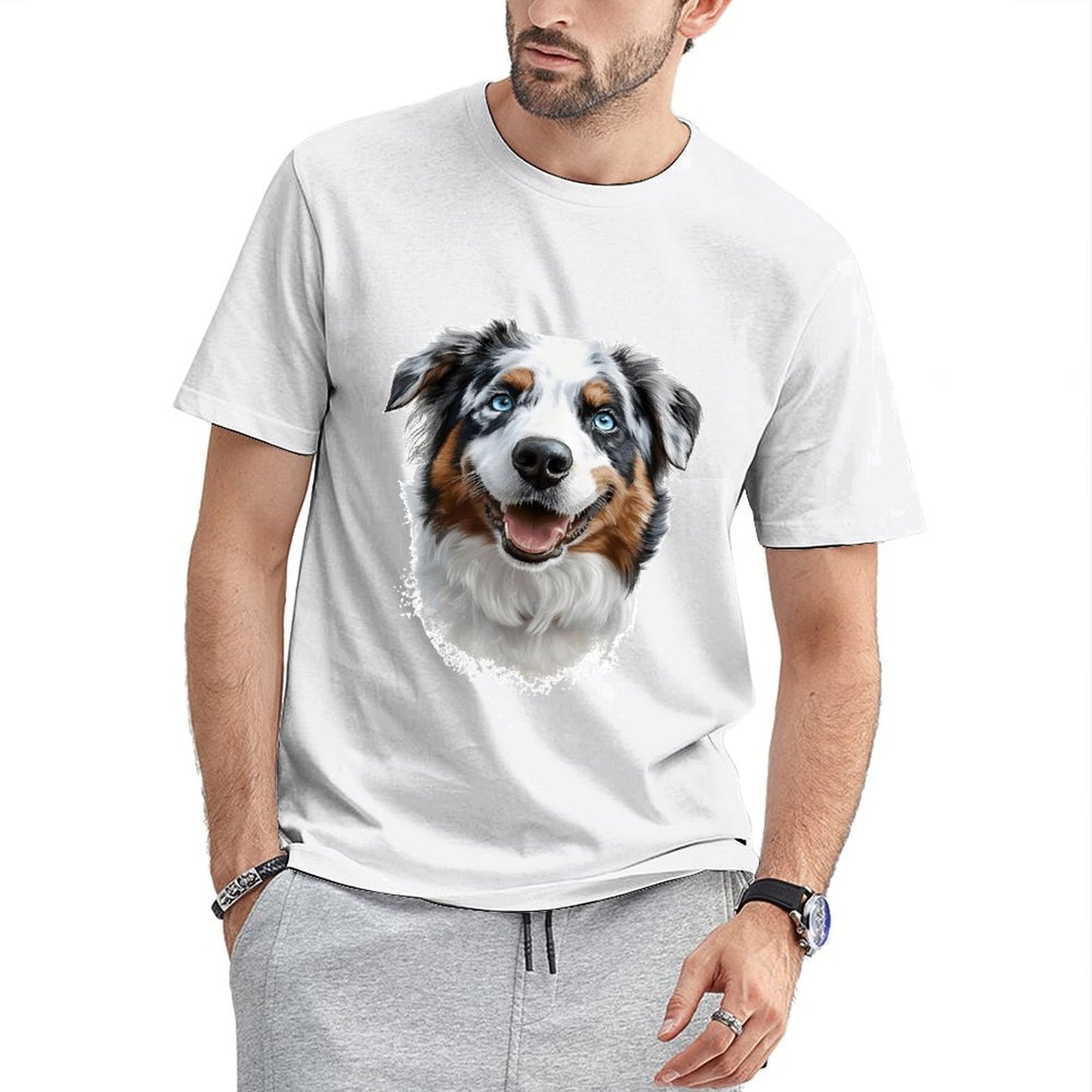 Inkmay Casual Cotton T-shirt Colorful Dog Portrait With Blue Eyes Unisex T-shirtClassic Fit 100% Cotton T-Shirt