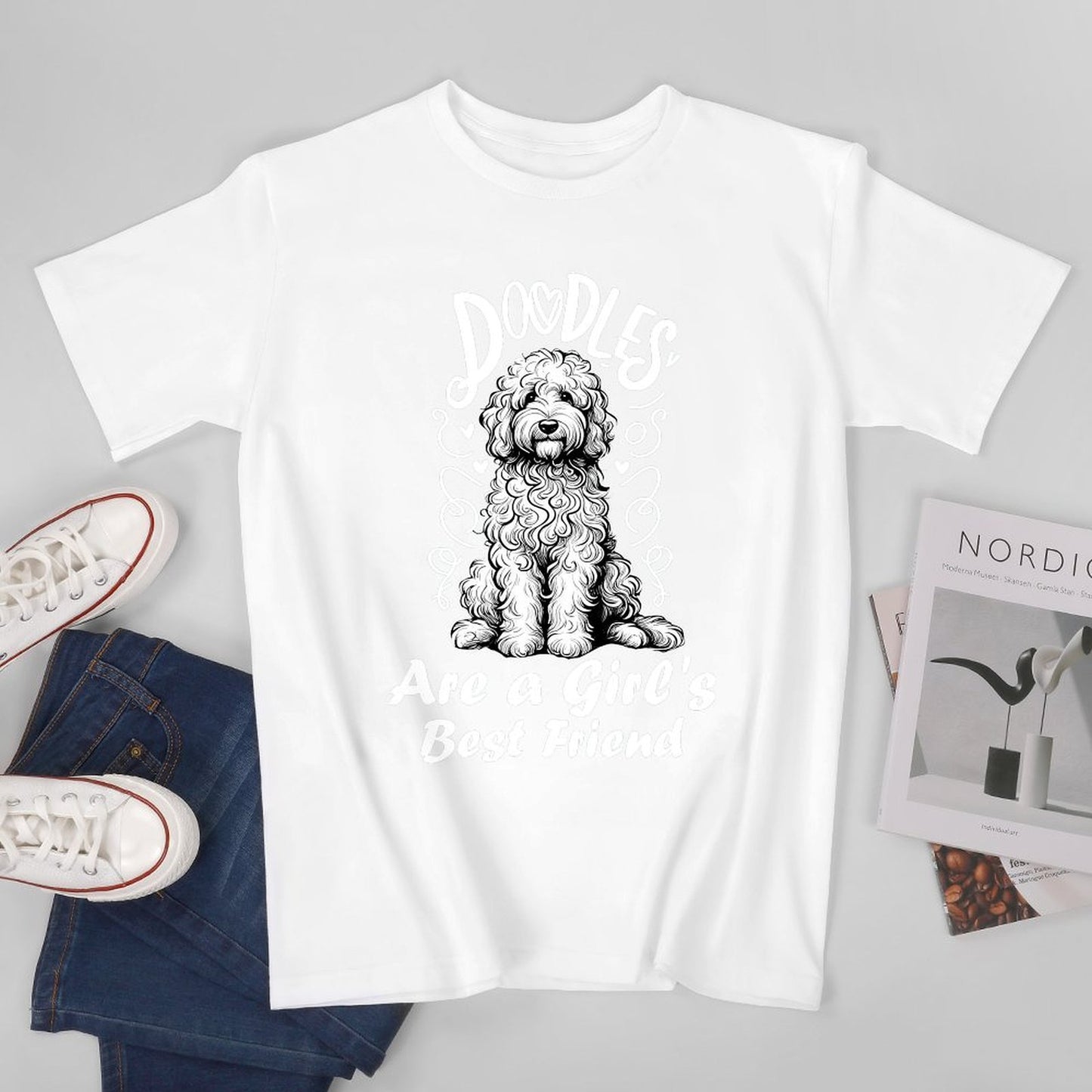 Inkmay Casual Cotton T-shirt Curly Haired Dog Sitting On Floor Unisex T-shirtClassicLine Standard T-Shirt