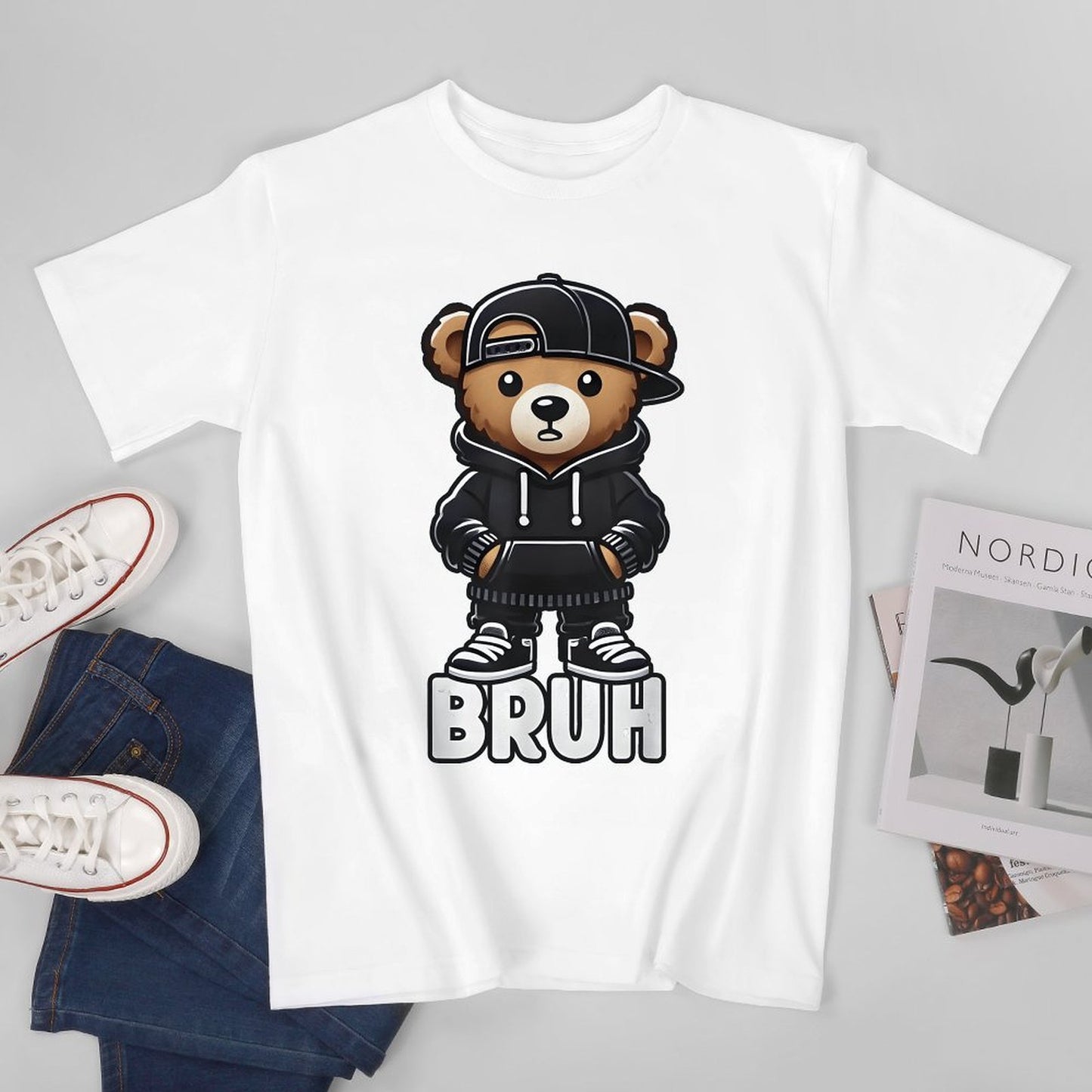 Inkmay Casual Cotton T-shirt Bruh Bear Wears Black Hoodie Unisex T-shirtChill BasicSeries T-Shirt