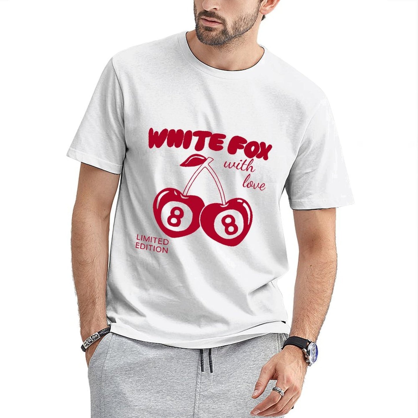 Inkmay Casual Cotton T-shirt Cherry Pattern Prints In Red Color Unisex T-shirtSeamless Daily T-Shirt