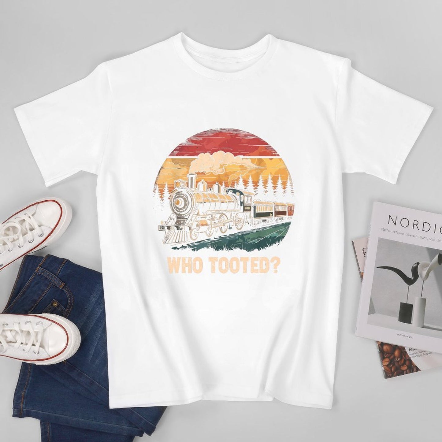 Inkmay Casual Cotton T-shirt Vintage Train Sunset Landscape Artwork Design Unisex T-shirtBatch-Printed Cotton T-Shirt
