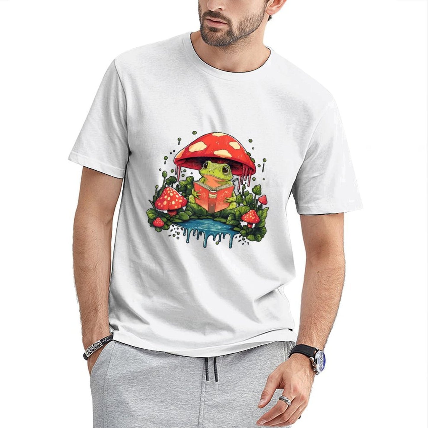 Inkmay Casual Cotton T-shirt Frog Reading Under Mushroom In Forest Unisex T-shirtMinimalist Edition T-Shirt