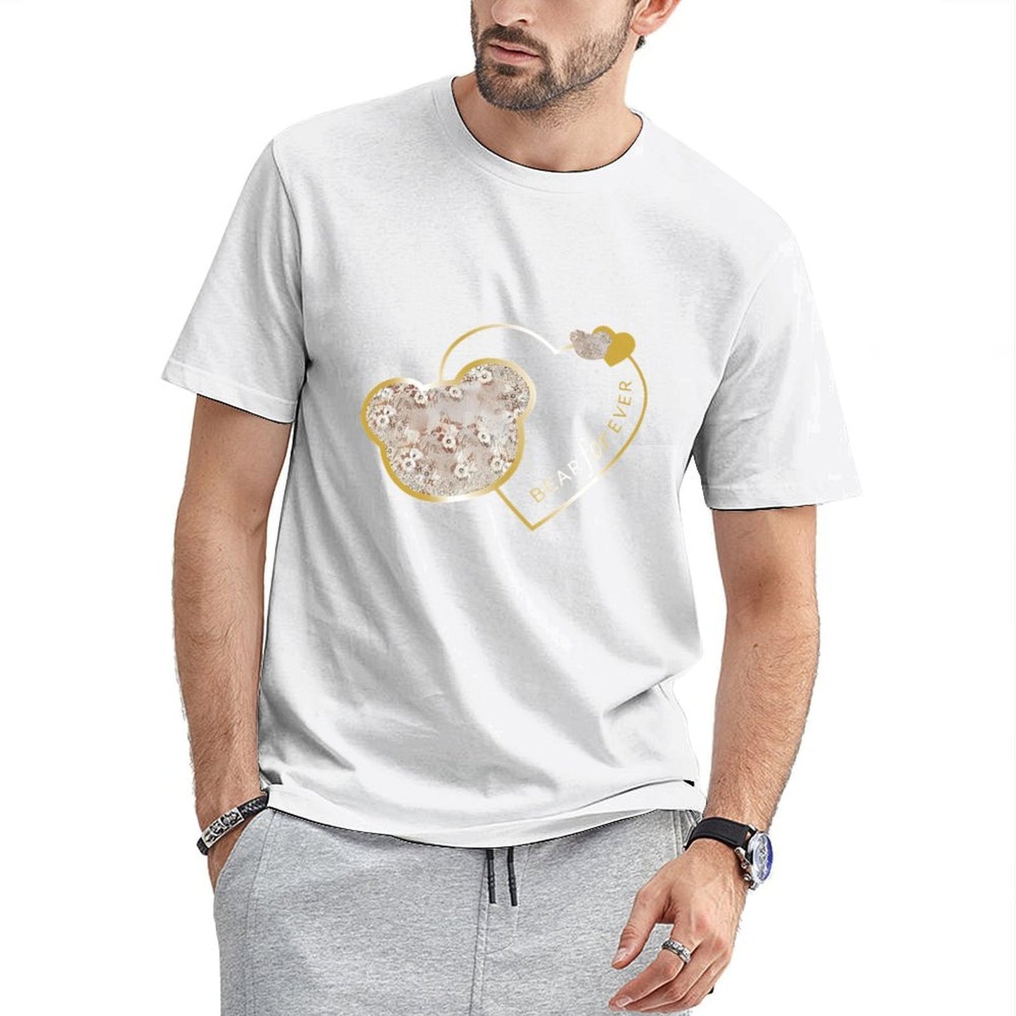 Inkmay Casual Cotton T-shirt Heart Shaped Floral Pattern With Gold Unisex T-shirtEverydaySeries Smooth Feel T-Shirt