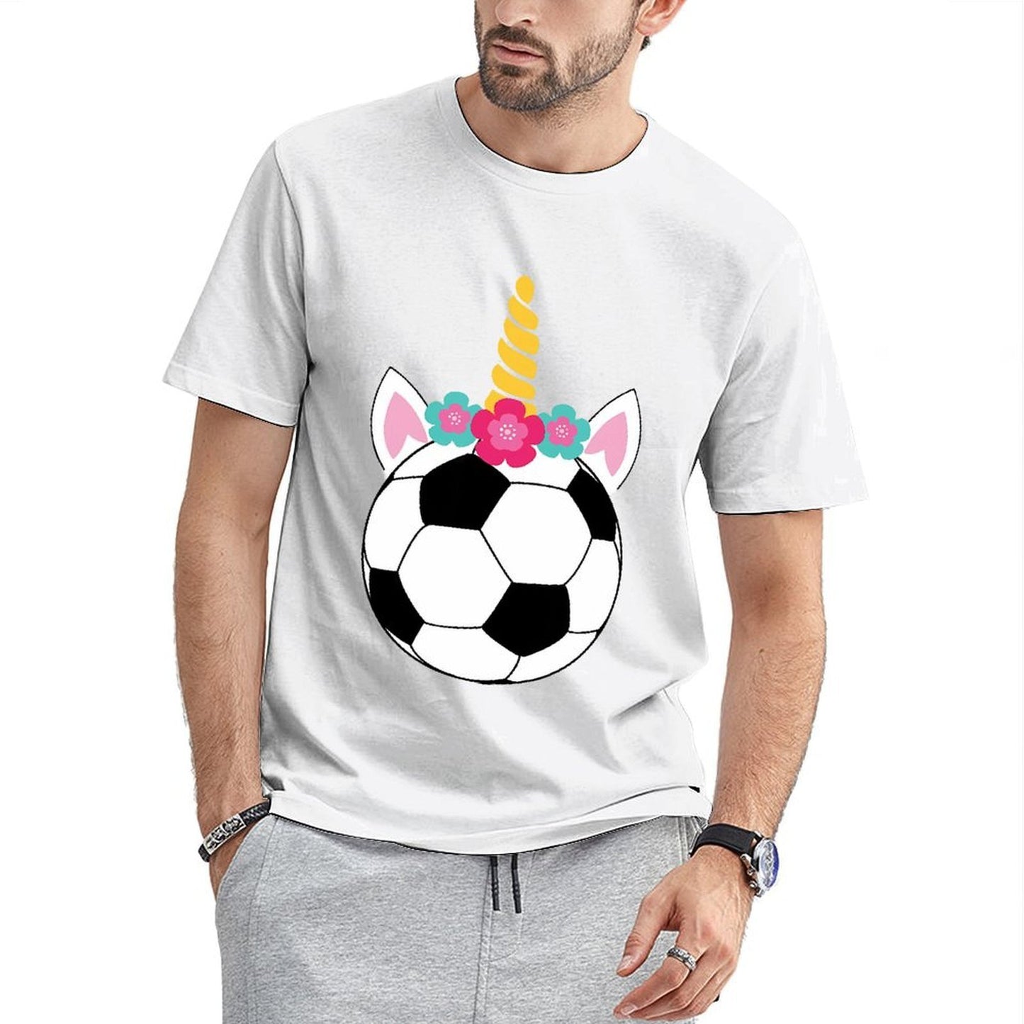 Inkmay Casual Cotton T-shirt Soccer Ball With Unicorn Horn Flowers Unisex T-shirtDaily LooseFit T-Shirt