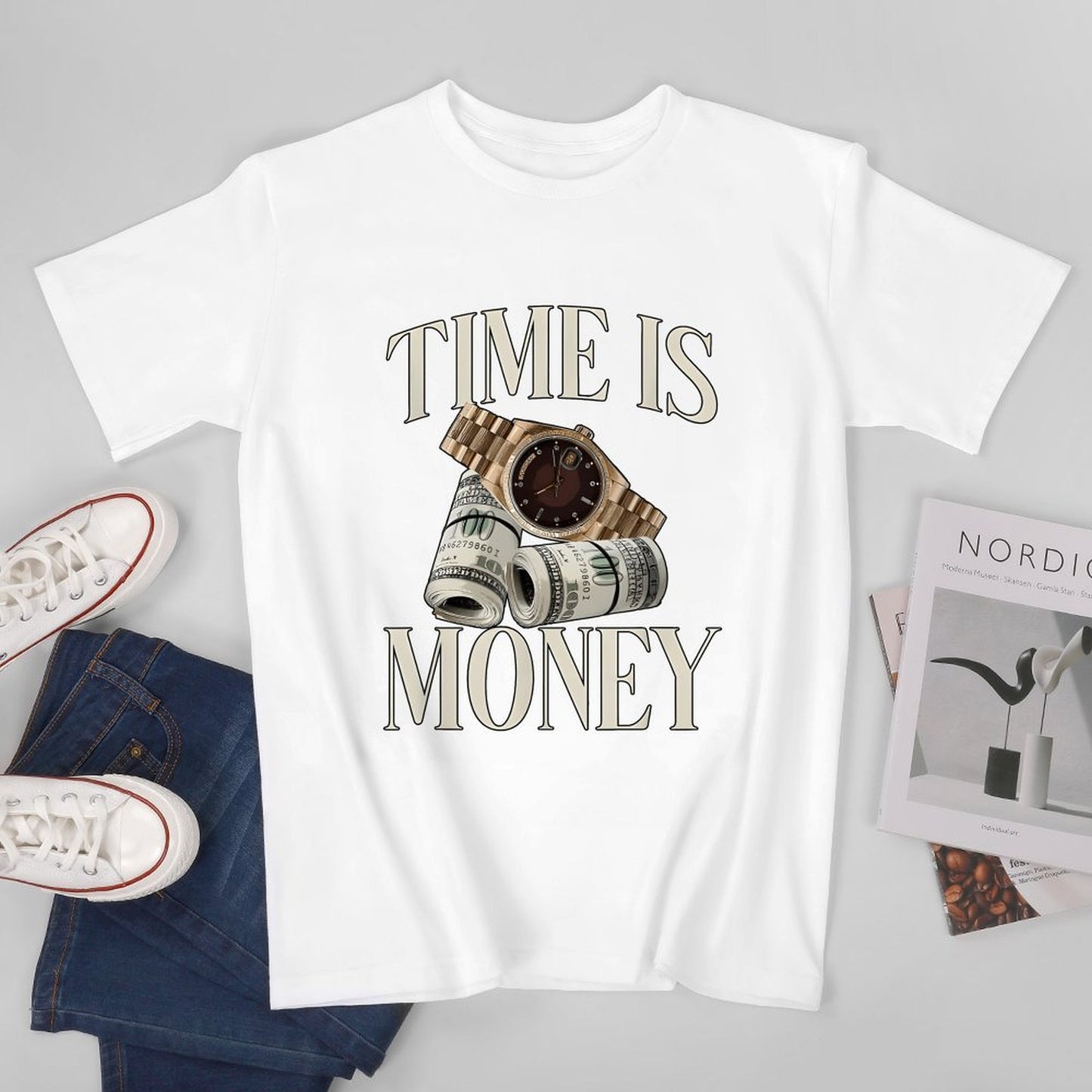 Inkmay Casual Cotton T-shirt Time Is Money Watch And Dollars Unisex T-shirtRetro Original T-Shirt