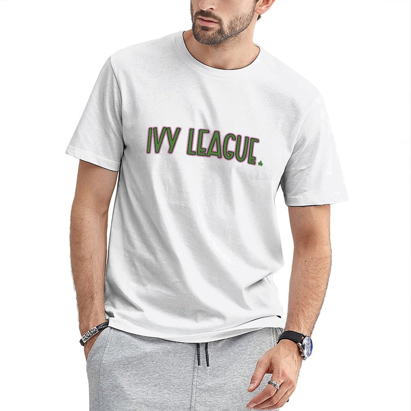 Inkmay Casual Cotton T-shirt Ivy League Text On Pink Background Unisex T-shirtPlain Logo-Ready T-Shirt