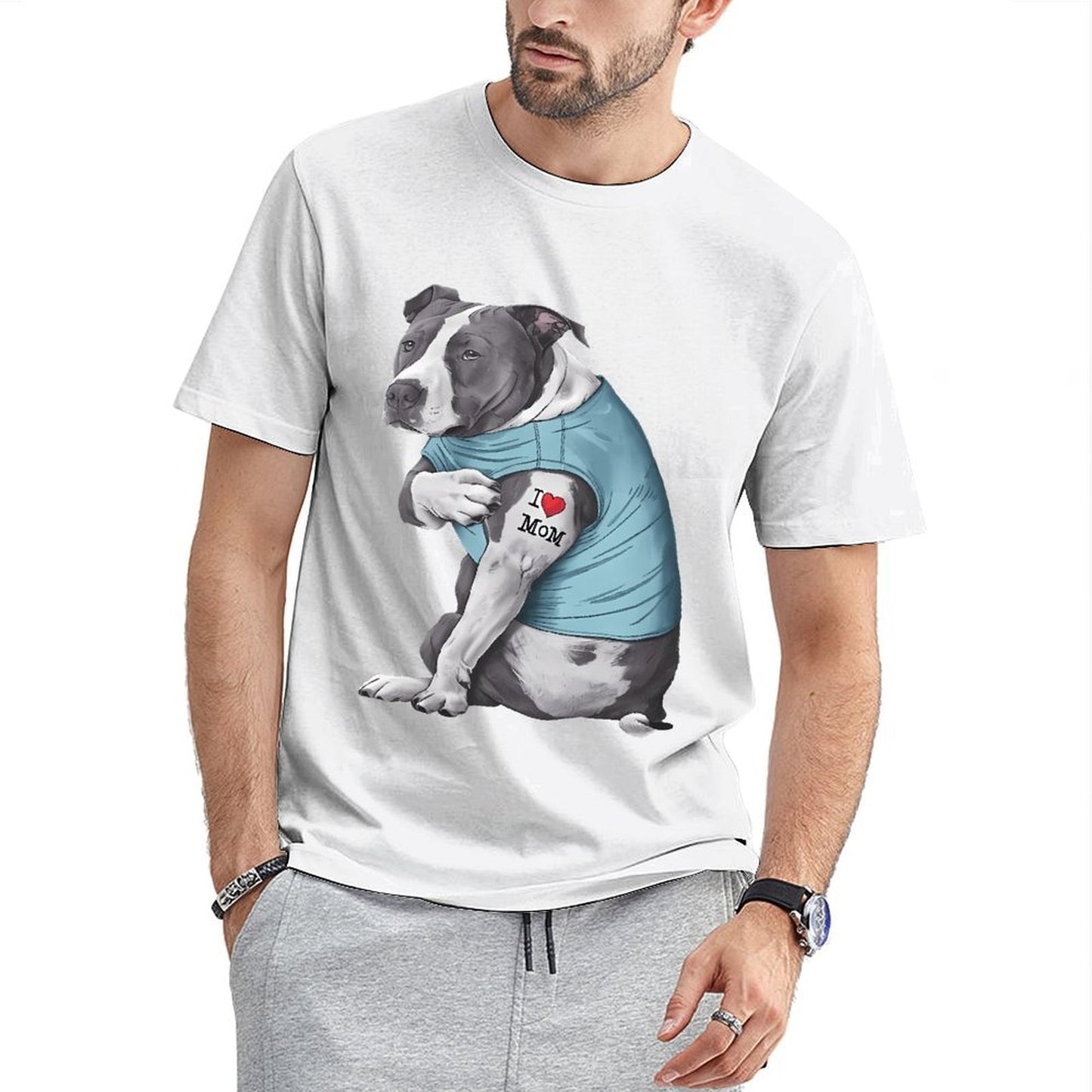 Inkmay Casual Cotton T-shirt Dog Wears Blue Shirt Tattoo Mom Unisex T-shirtEveryday ClassicStyle T-Shirt