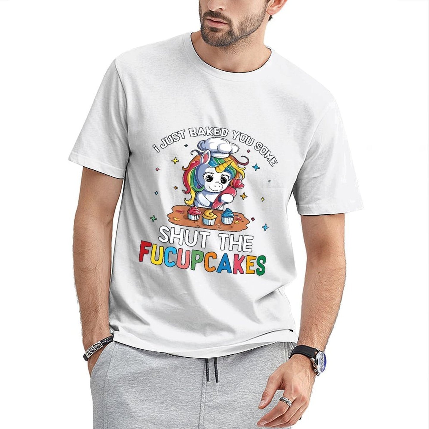 Inkmay Casual Cotton T-shirt Cute Unicorn Baking Cupcakes On Table Unisex T-shirtLong Lasting Performance T-Shirt
