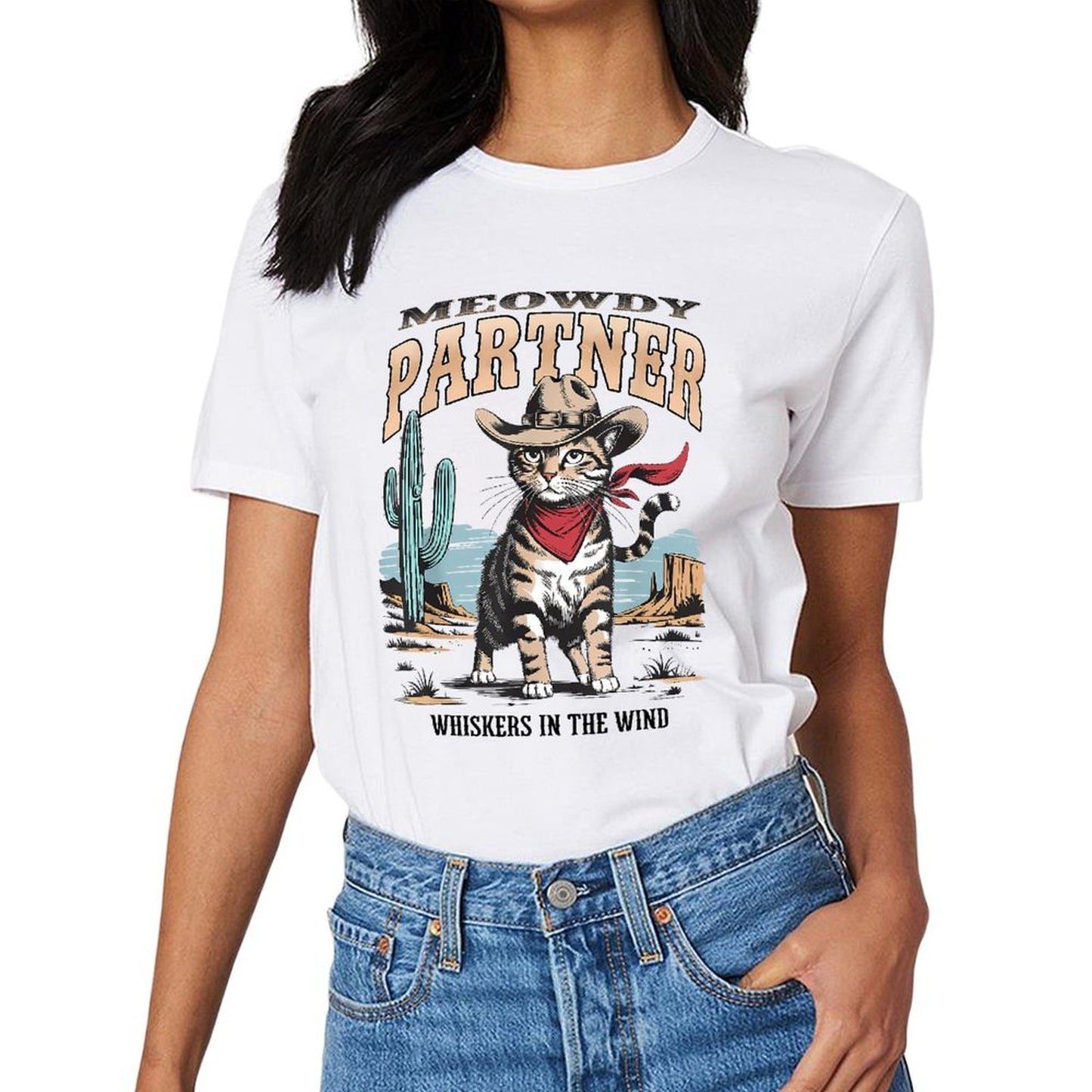 Inkmay Casual Cotton T-shirt Cat Wears Cowboy Hat And Bandana Unisex T-shirtCrew Neck SoftTouch T-Shirt