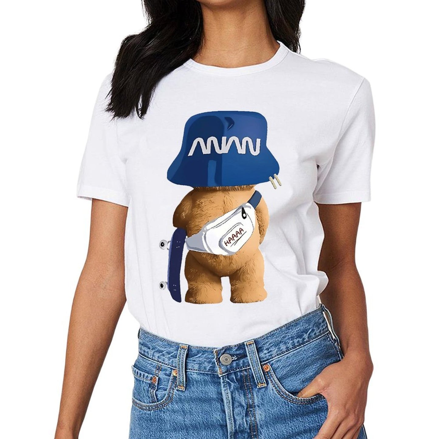 Inkmay Casual Cotton T-shirt Funny Bear Wearing Blue Hat Unisex T-shirtBasicSeries TimelessStyle T-Shirt