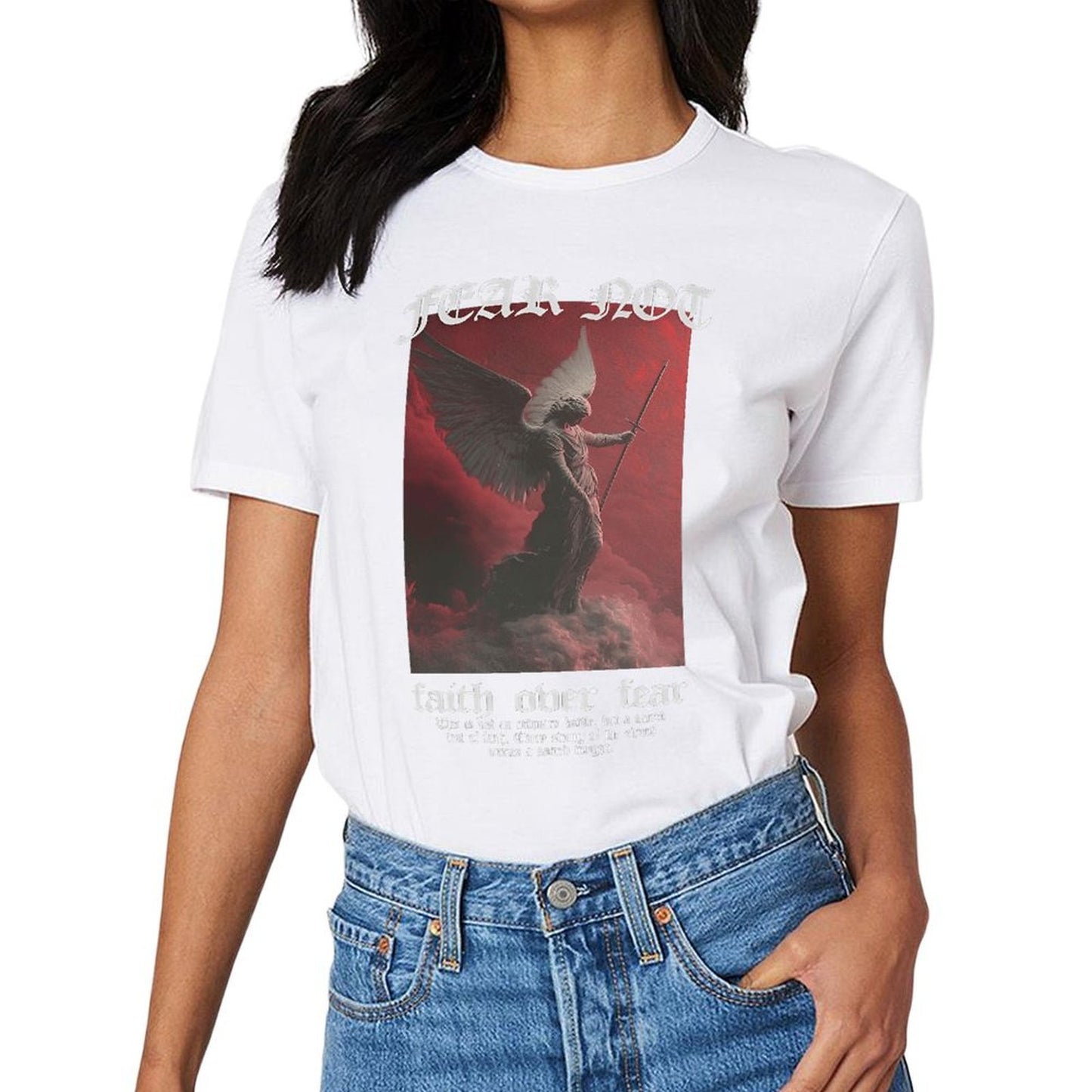 Inkmay Casual Cotton T-shirt Angel With Sword Over Clouds Unisex T-shirt