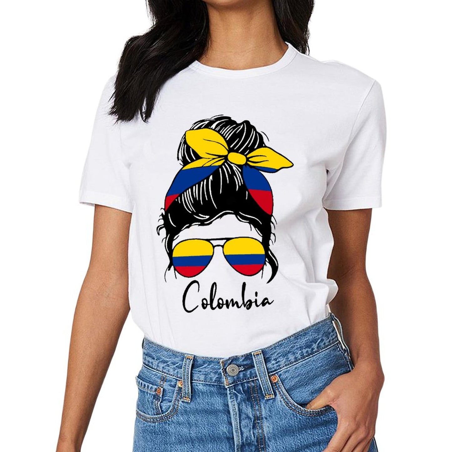 Inkmay Casual Cotton T-shirt Colombian Flag Pattern On Sunglasses Bandana Unisex T-shirtYearRound Performance T-Shirt