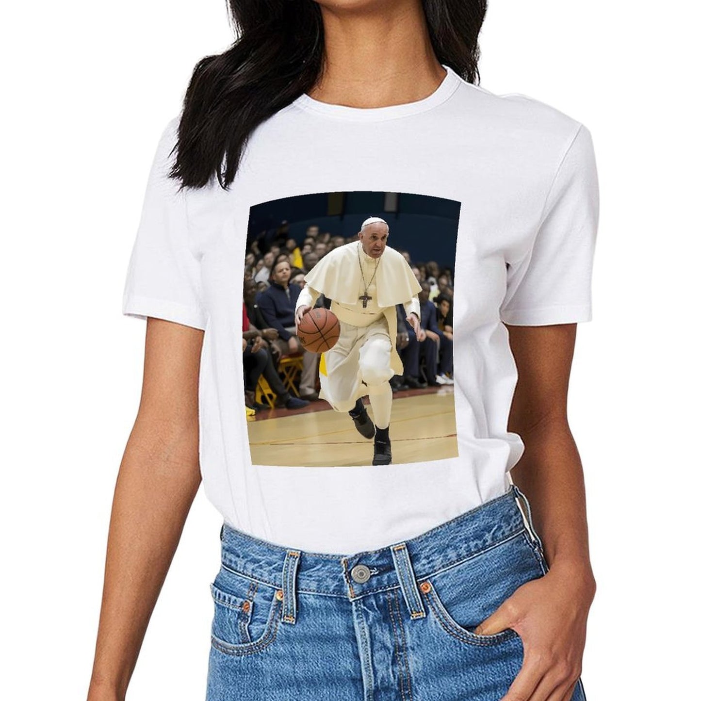 Inkmay Casual Cotton T-shirt Pope Playing Basketball In White Robes Unisex T-shirtSport BasicSeries T-Shirt