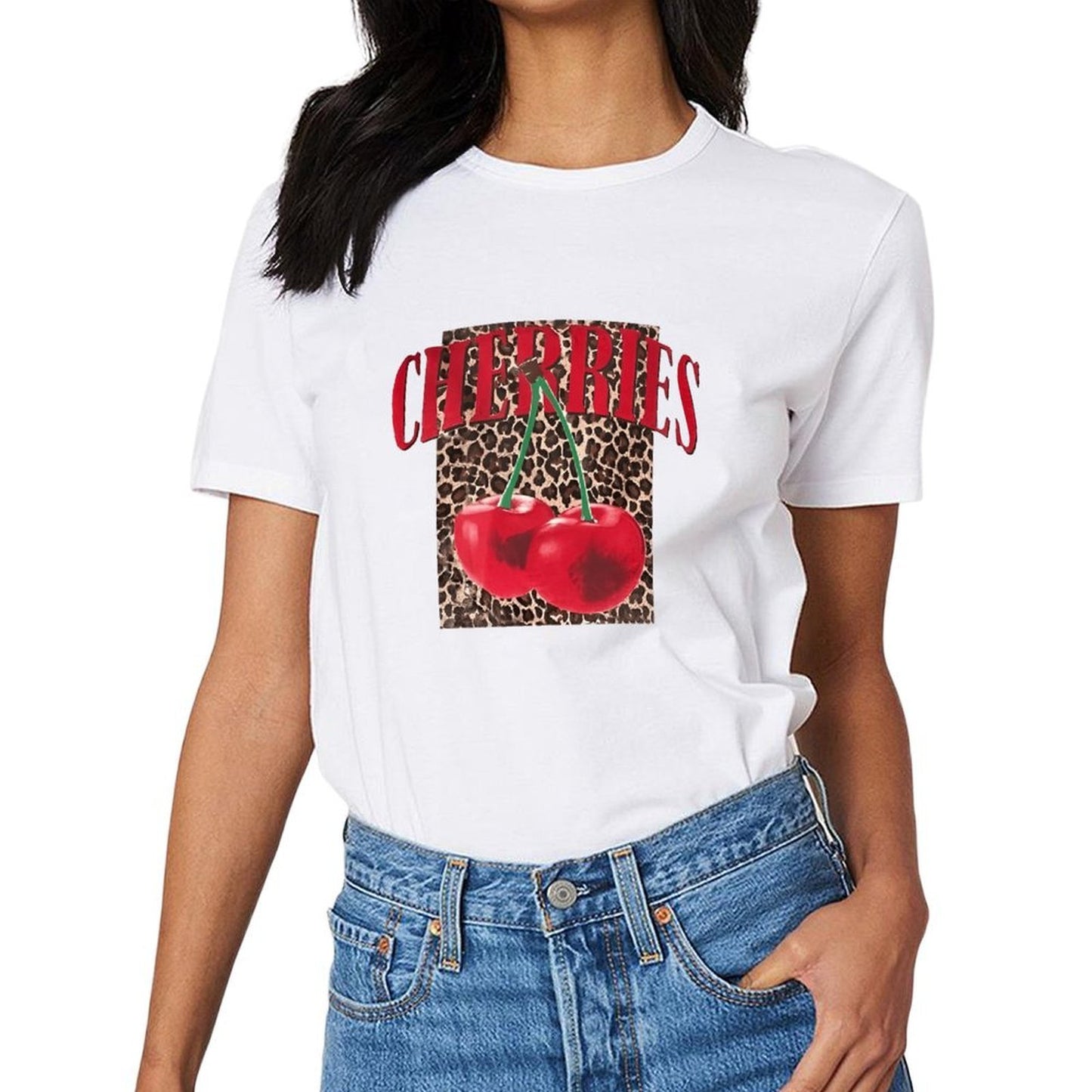 Inkmay Casual Cotton T-shirt Cherries On Leopard Print Background Art Unisex T-shirtClassicSeries CityStyle T-Shirt