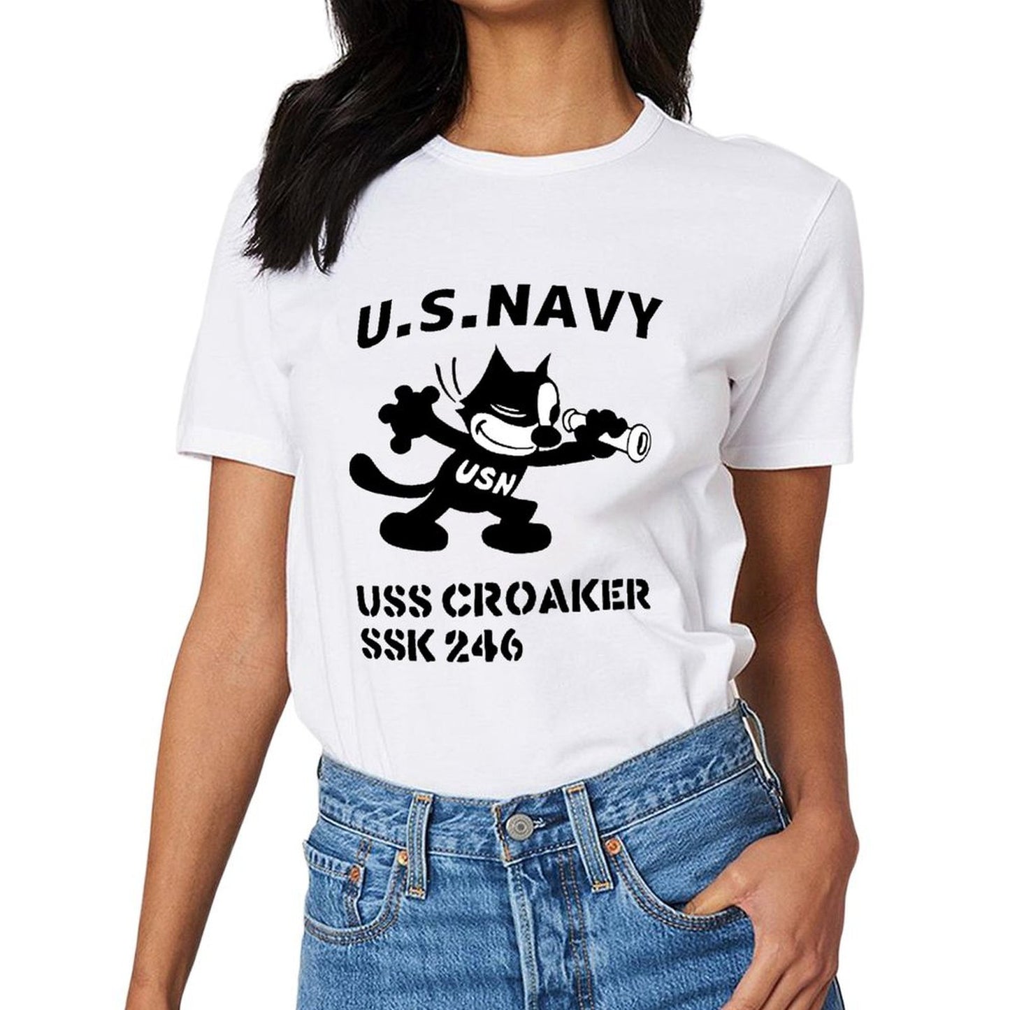 Inkmay Casual Cotton T-shirt Usn Silhouette With Trumpet And Anchor Unisex T-shirtClassic Printed T-Shirt