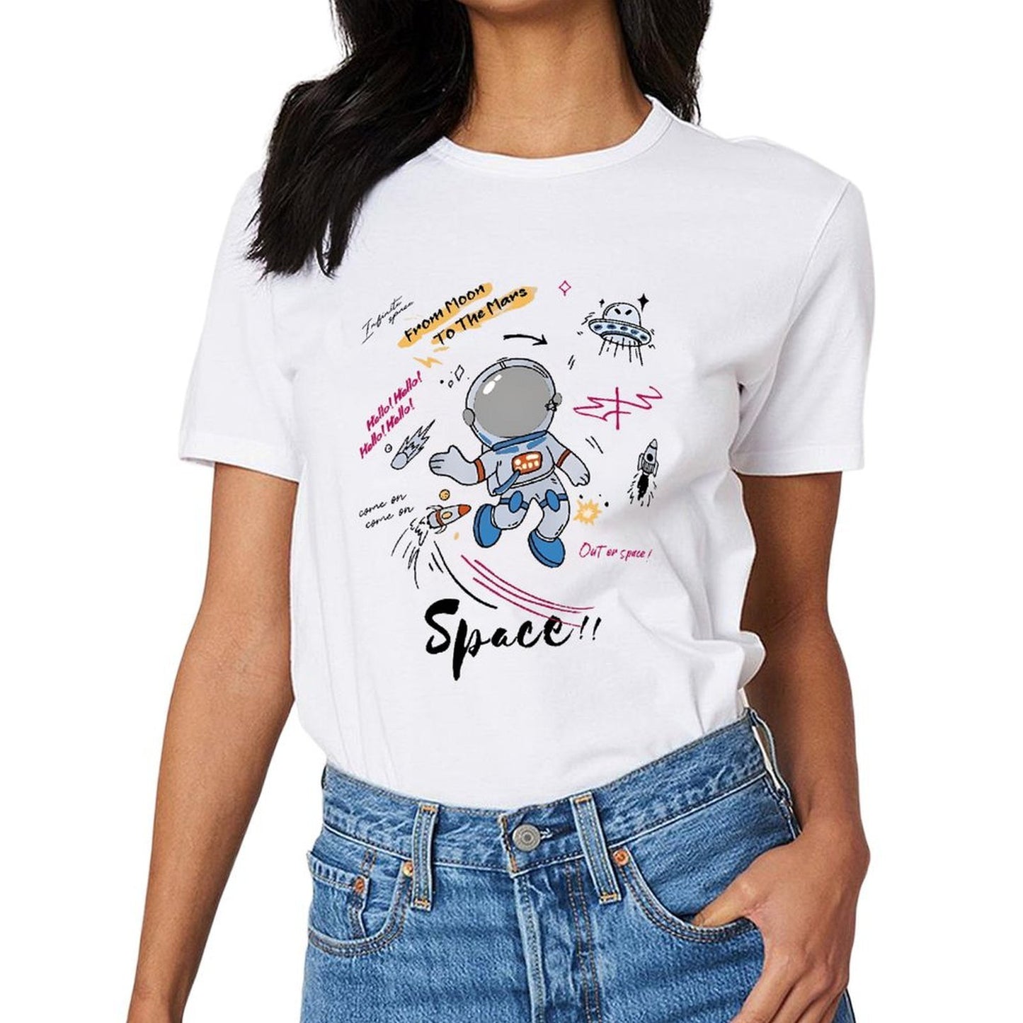 Inkmay Casual Cotton T-shirt Space Adventure With Astronaut And Ufos Unisex T-shirtActive Print-Ready T-Shirt