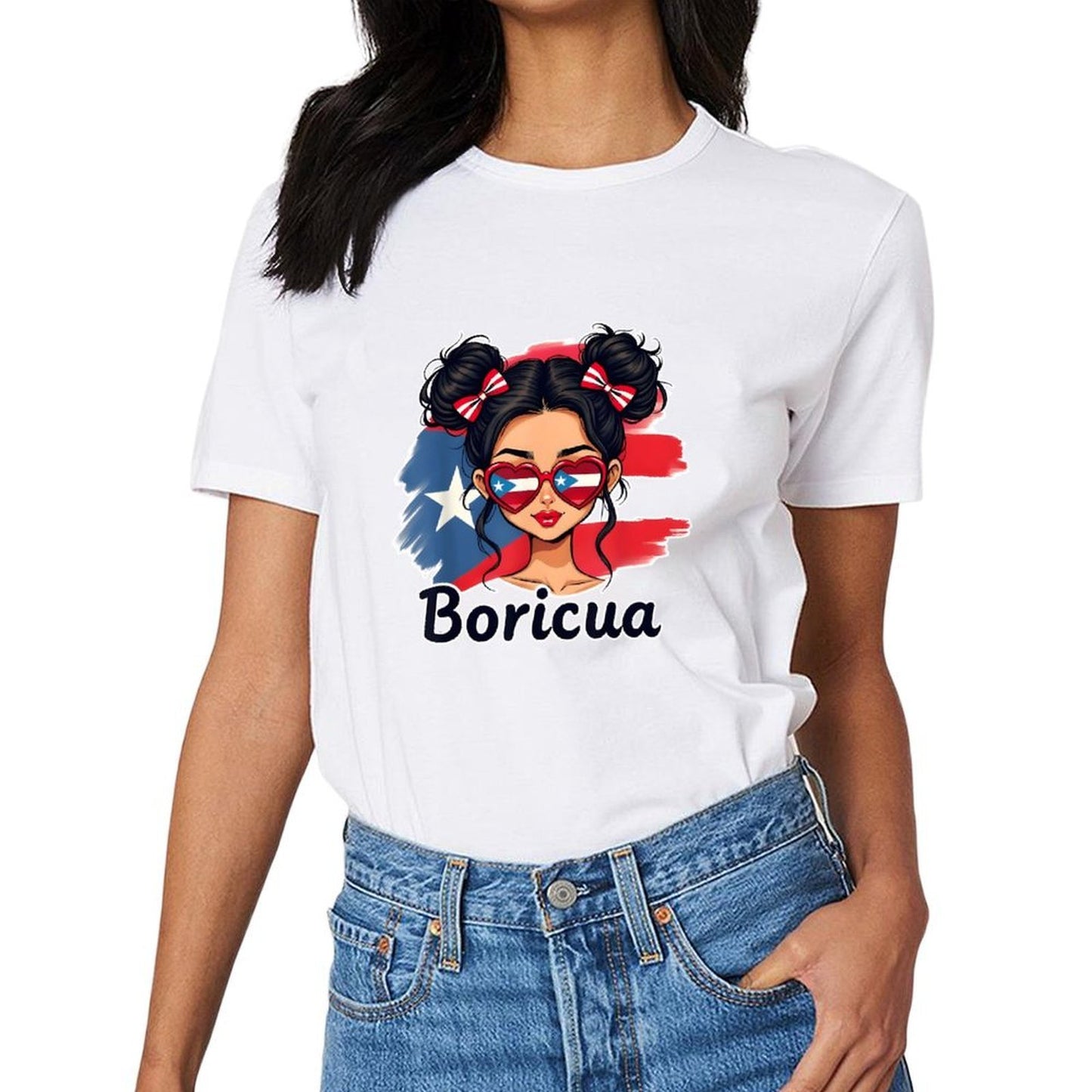 Inkmay Casual Cotton T-shirt Puerto Rican Flag Heart Glasses Boricua Unisex T-shirtSharp Pure T-Shirt