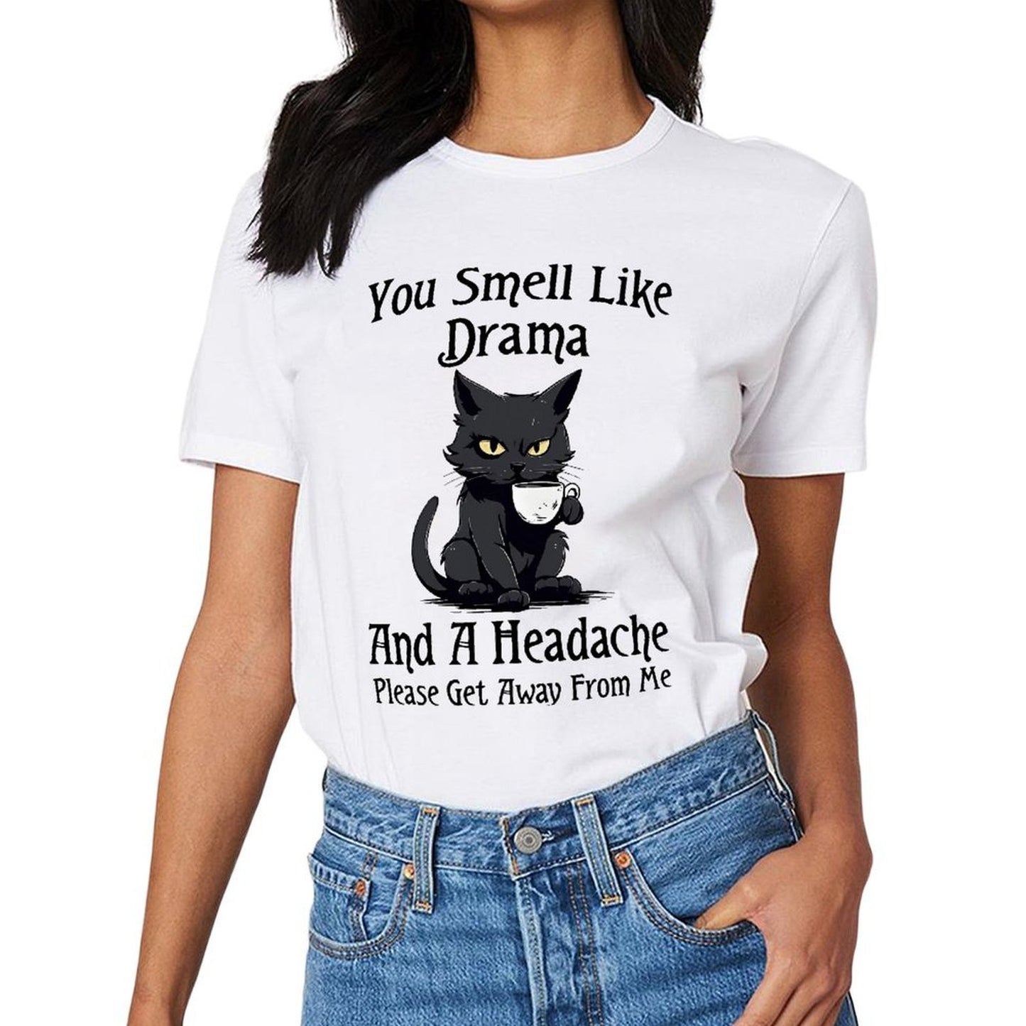 Inkmay Casual Cotton T-shirt Black Cat Holding White Teacup Unisex T-shirtAllDay Sharp T-Shirt