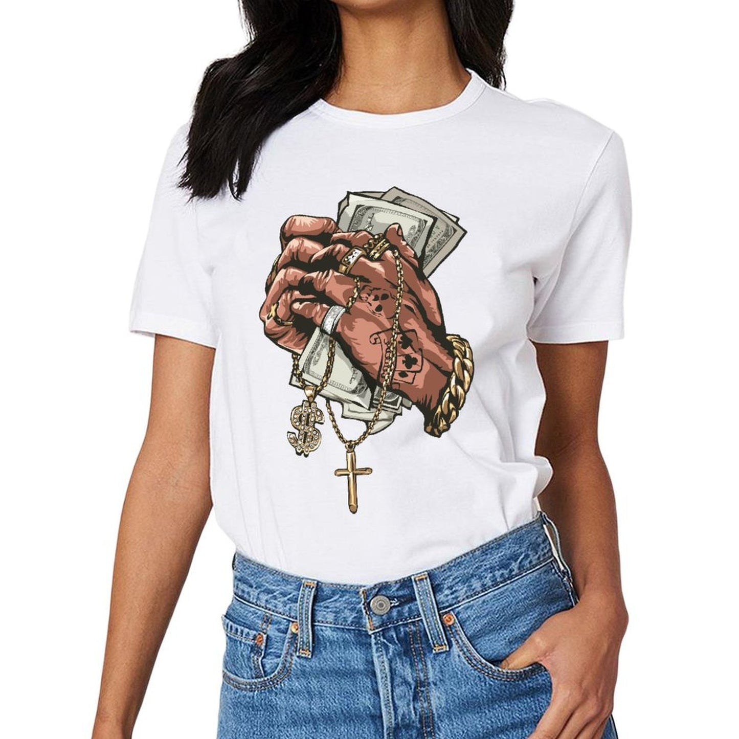 Inkmay Casual Cotton T-shirt Luxury Hands Holding Money And Jewelry Unisex T-shirtPremium Bold T-Shirt