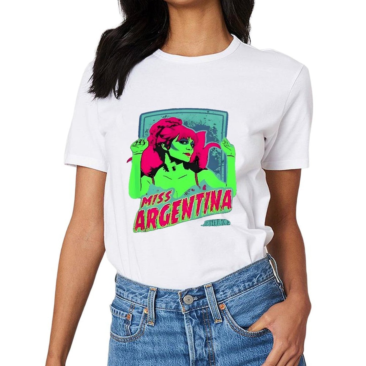 Inkmay Casual Cotton T-shirt Miss Argentina Bright Green Pink Art Unisex T-shirtEssentialFit Printing T-Shirt