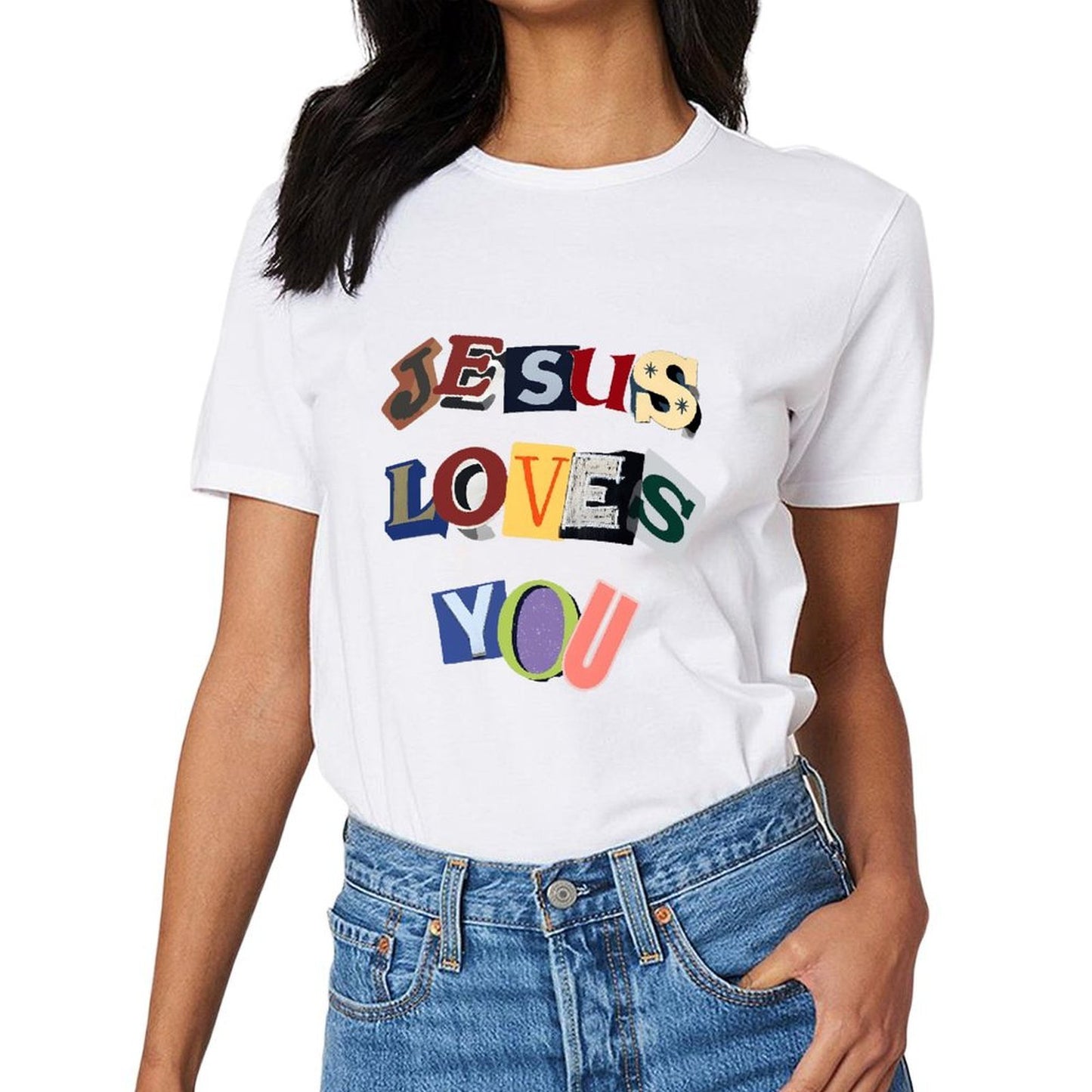 Inkmay Casual Cotton T-shirt Jesus Loves You Colorful Text Art Unisex T-shirtTrueComfort Crisp Print T-Shirt