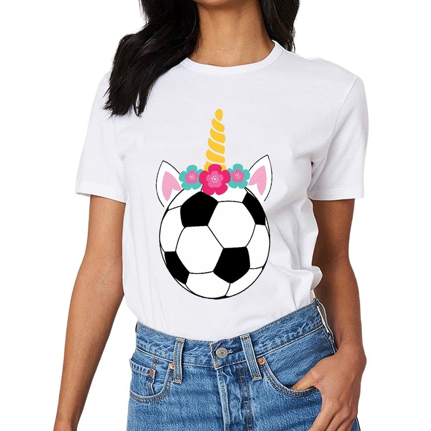 Inkmay Casual Cotton T-shirt Soccer Ball With Unicorn Horn Flowers Unisex T-shirtDaily LooseFit T-Shirt