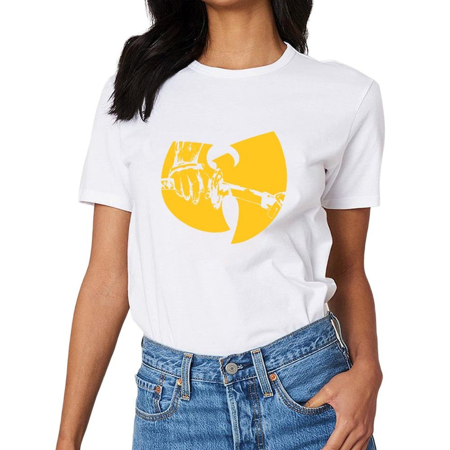 Inkmay Casual Cotton T-shirt Solid Yellow Background With White Lines Unisex T-shirtHeavyweight Heat-Transfer T-Shirt