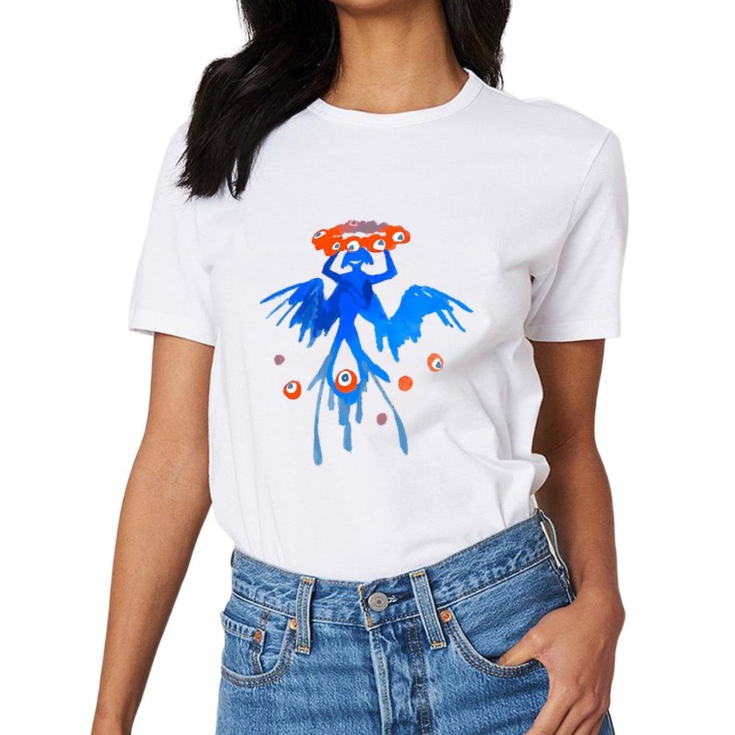 Inkmay Casual Cotton T-shirt Blue Creature With Orange Eyes Pattern Unisex T-shirtEverydayFit Natural T-Shirt