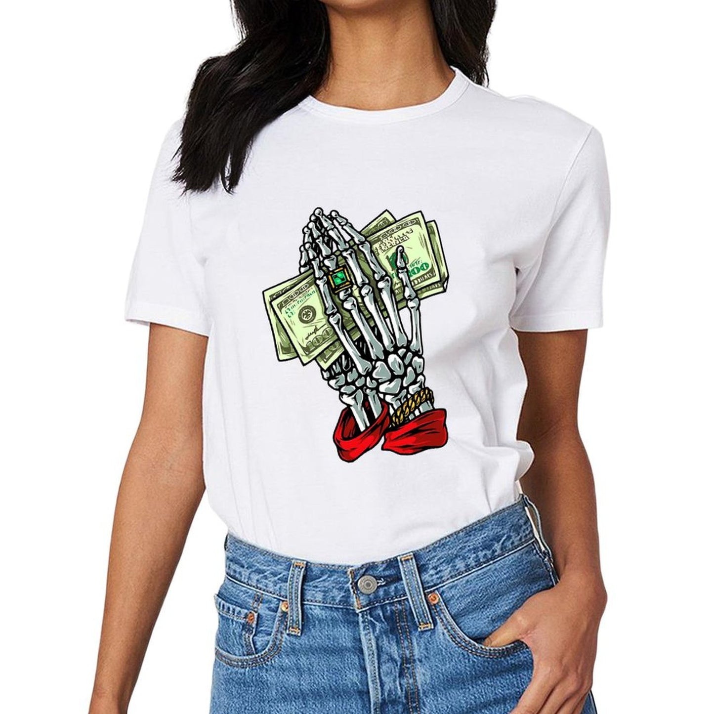 Inkmay Casual Cotton T-shirt Skeleton Hand Holding Money Bills Art Unisex T-shirtDailyFit ComfortSeries T-Shirt