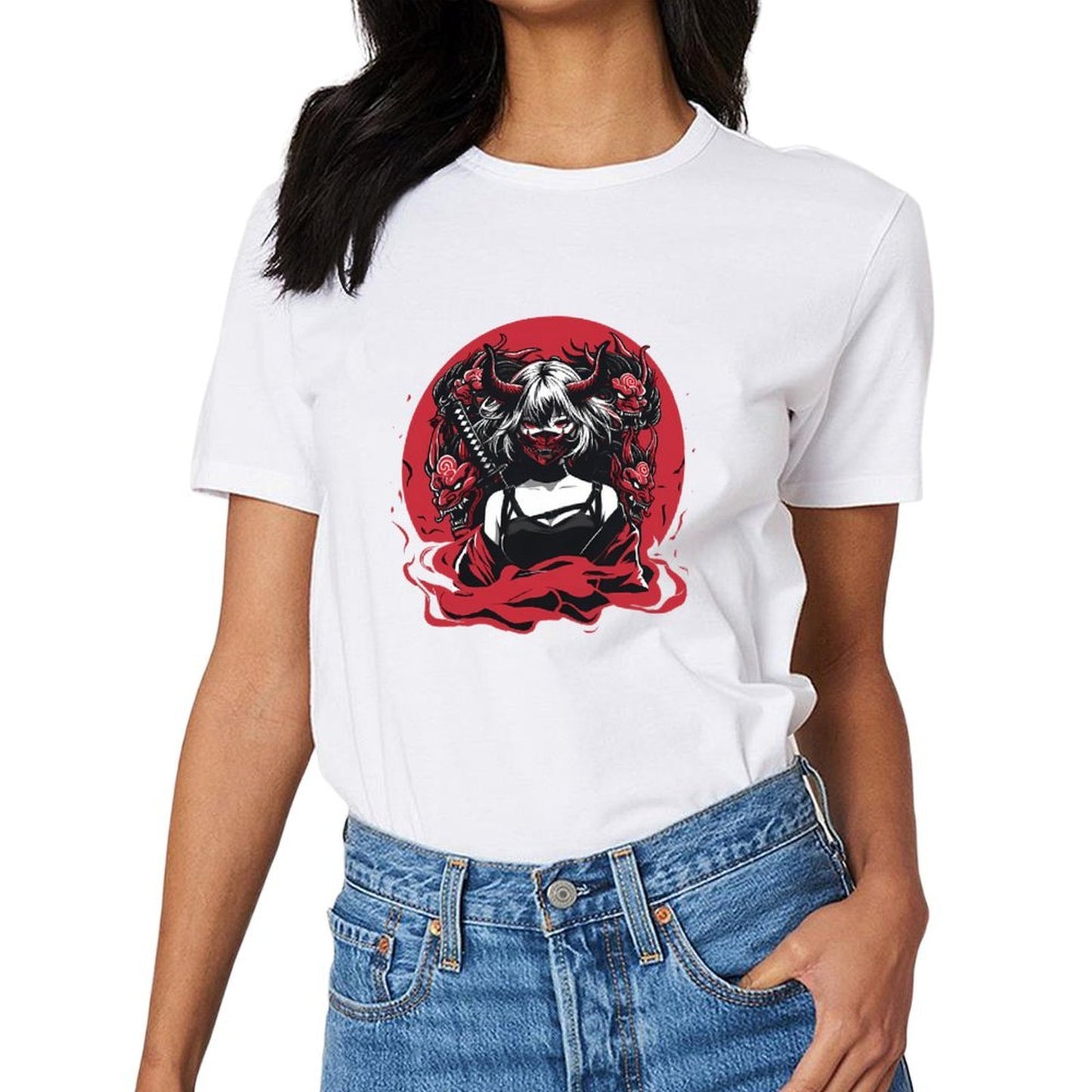 Inkmay Casual Cotton T-shirt Demon Woman With Red Dragons Unisex T-shirtSmooth Classic T-Shirt