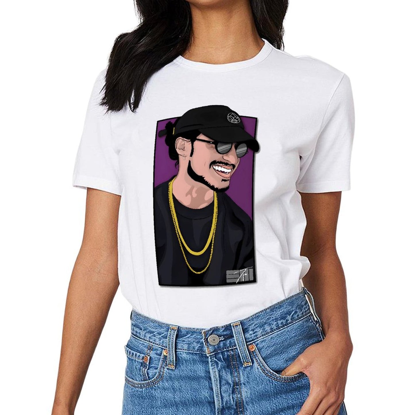 Inkmay Casual Cotton T-shirt Man Wearing Black Hat And Sunglasses Unisex T-shirtPrinting ComfortSeries T-Shirt