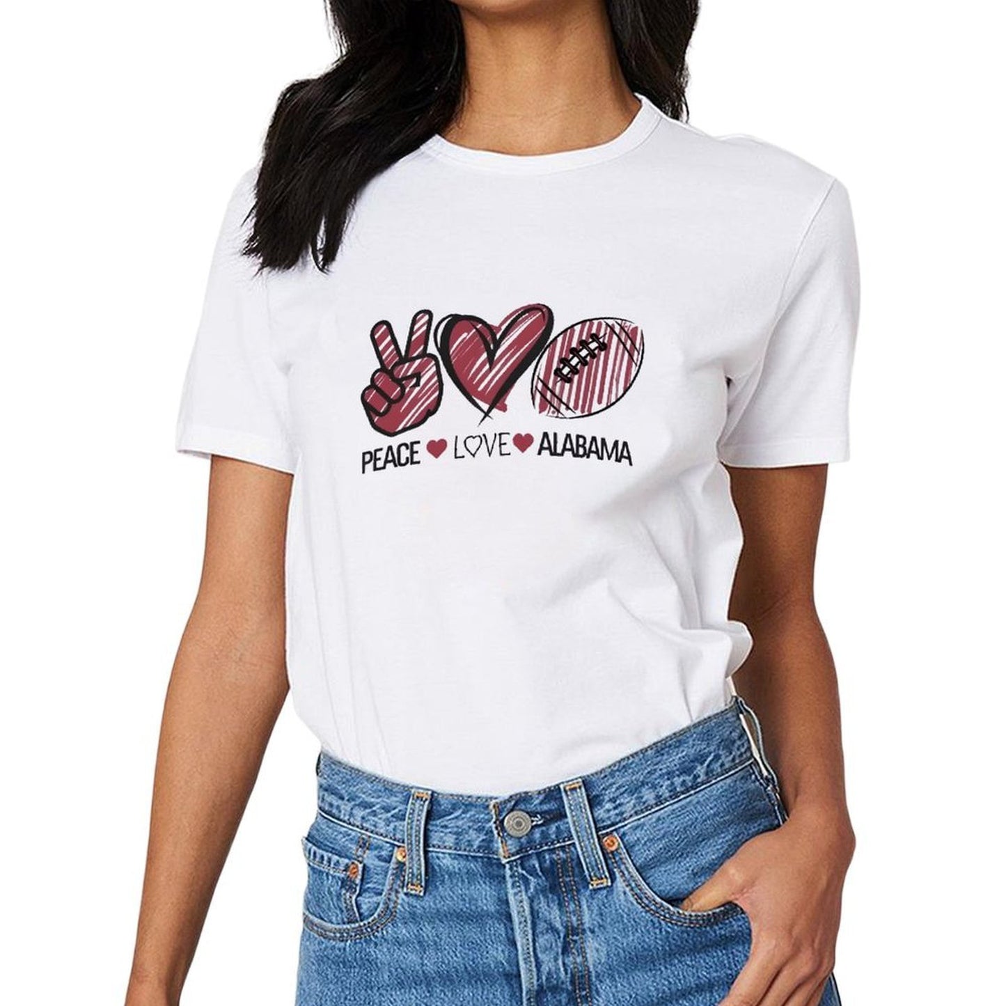 Inkmay Casual Cotton T-shirt Peace Love Alabama Football Heart Gesture Unisex T-shirtSmoothWear Vibrant Colors T-Shirt