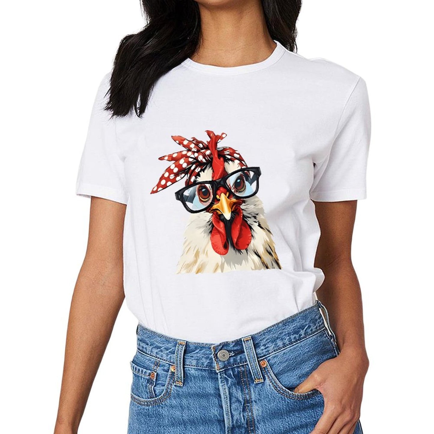 Inkmay Casual Cotton T-shirt Stylish Chicken With Glasses And Bandana Unisex T-shirt