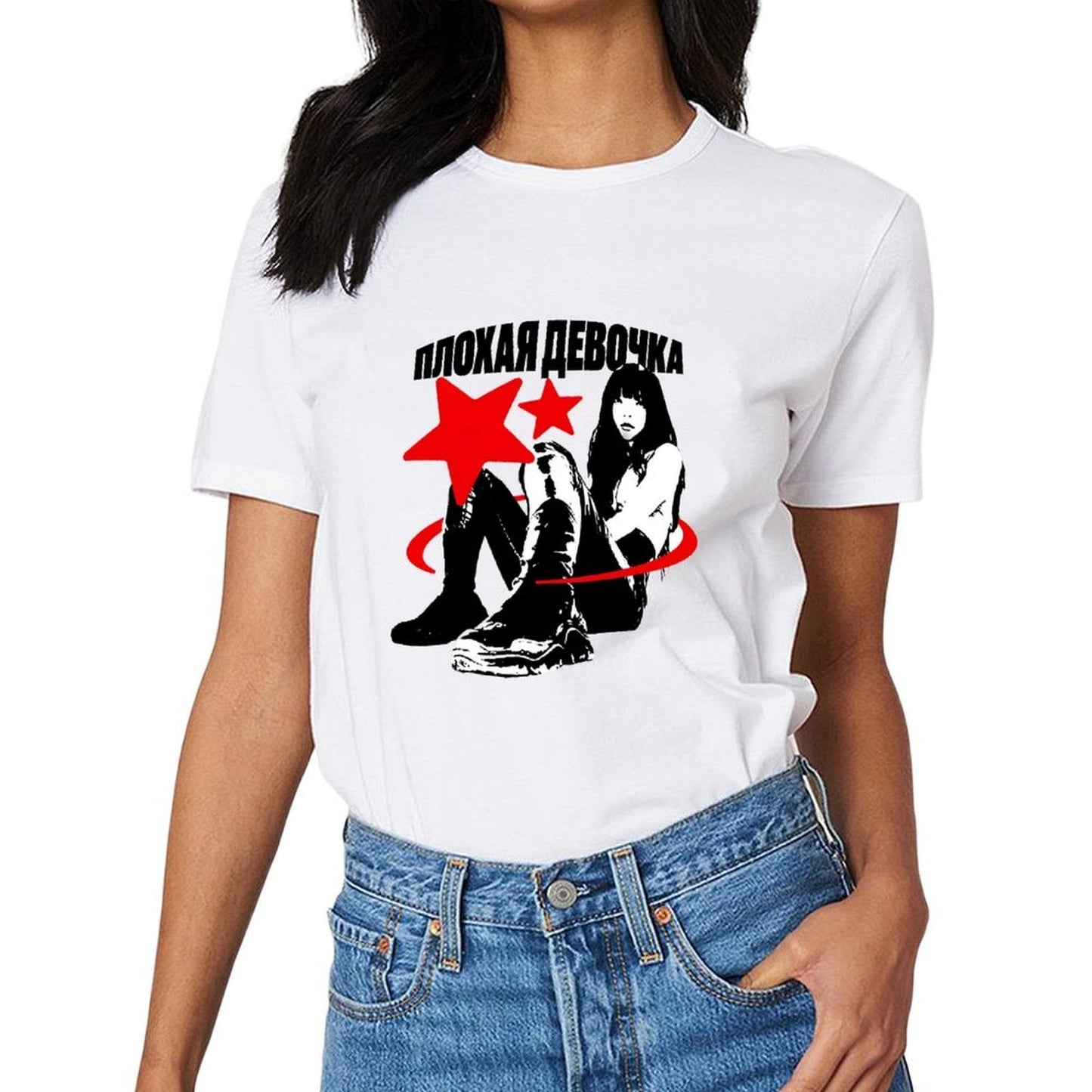Inkmay Casual Cotton T-shirt Red Stars Over Black Figures Unisex T-shirtSleek EverydayTee T-Shirt