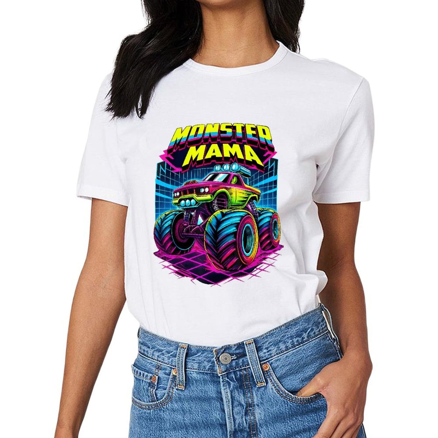 Inkmay Casual Cotton T-shirt Monster Mama Truck With Neon Wheels Unisex T-shirtYearRound ClassicSeries T-Shirt