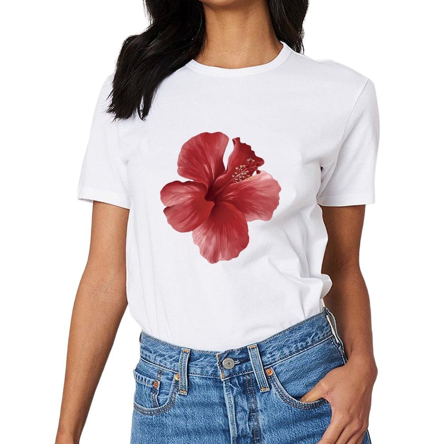 Inkmay Casual Cotton T-shirt Vivid Red Hibiscus Flower Art Print Unisex T-shirtPremium Finish Smooth Feel T-Shirt