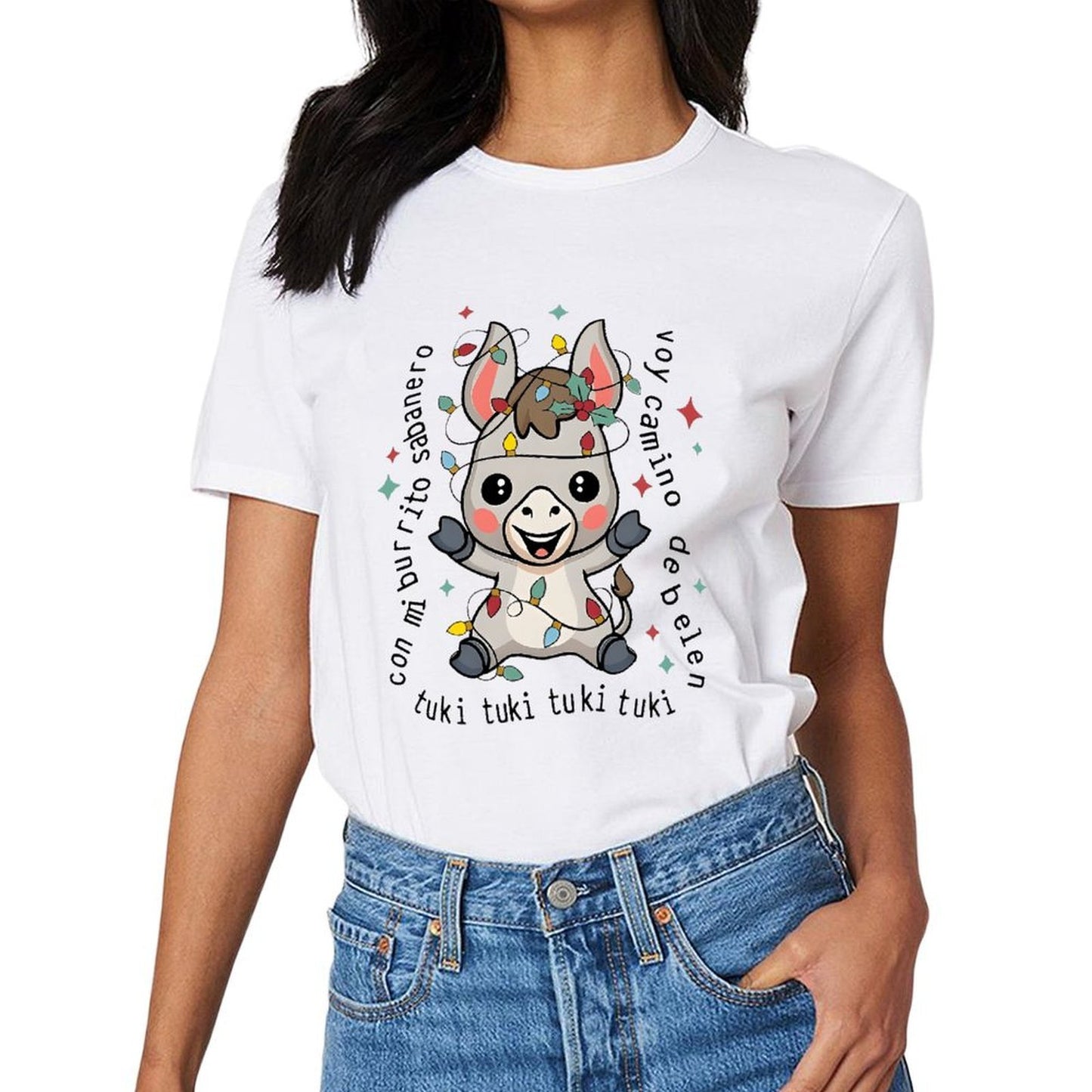 Inkmay Casual Cotton T-shirt Cute Unicorn With Festive Lights Decor Unisex T-shirtSport Natural T-Shirt
